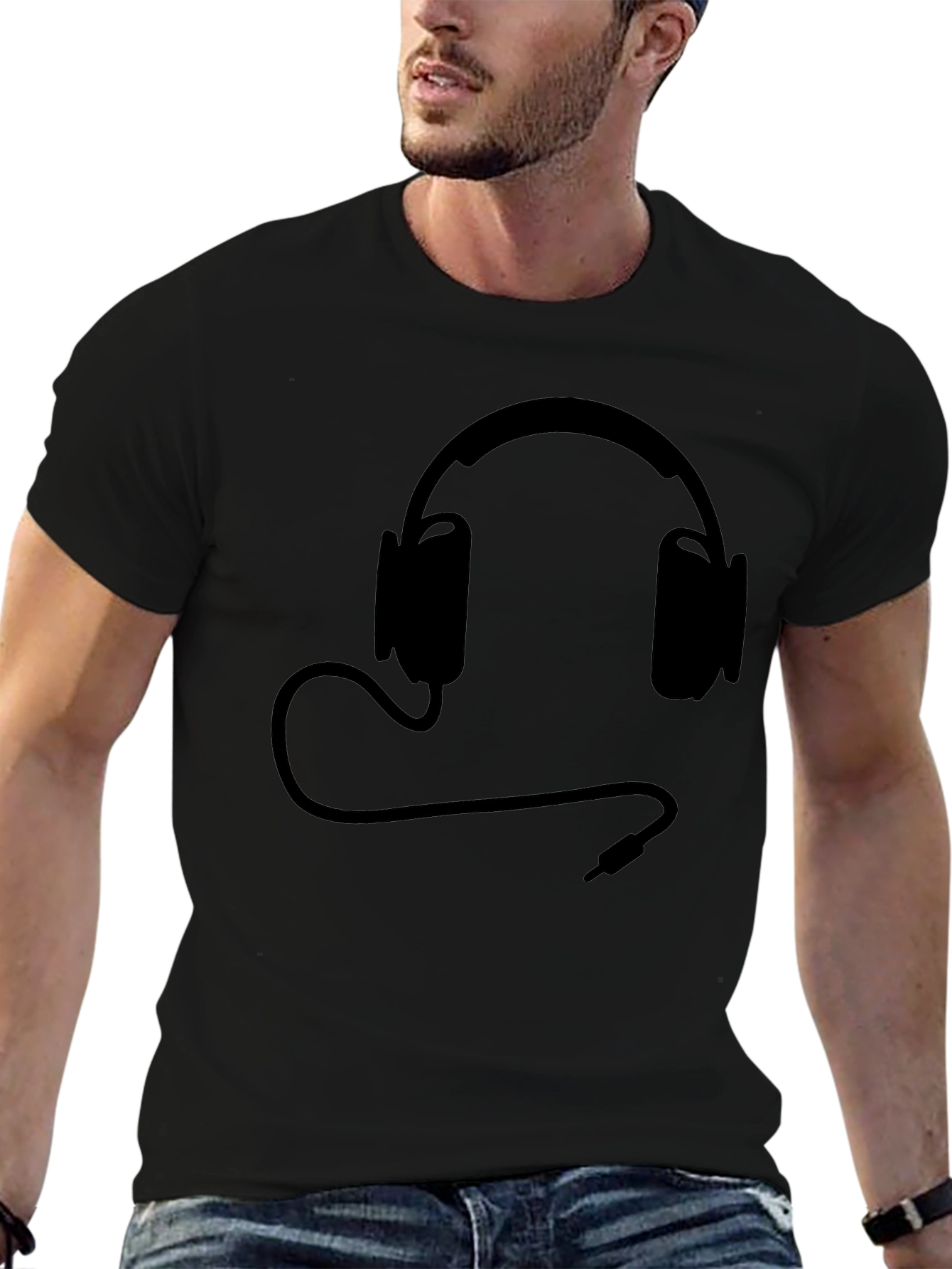 Black T-Shirt with Headphones Design