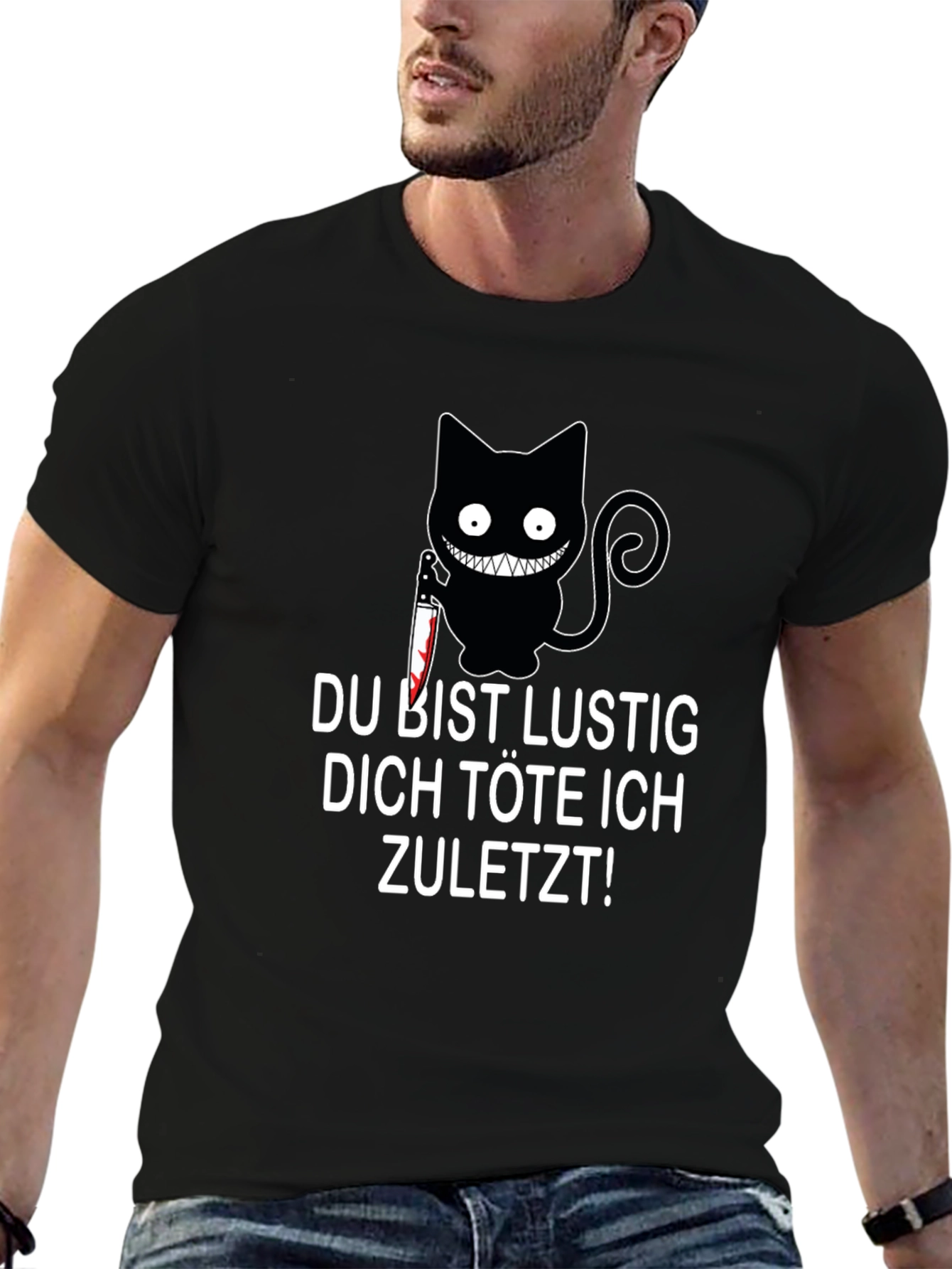 Du Bist Lustig T-Shirt - Cat with Knife Design