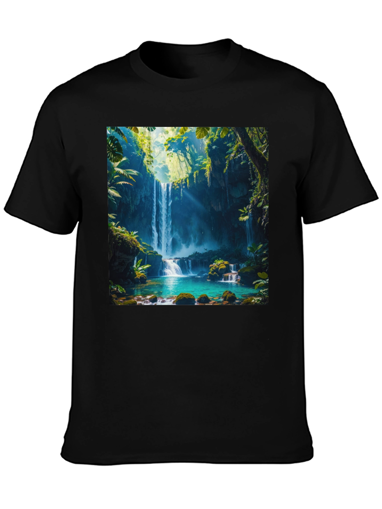 Tropical Waterfall Graphic Tee - Nature Lovers Black T-Shirt