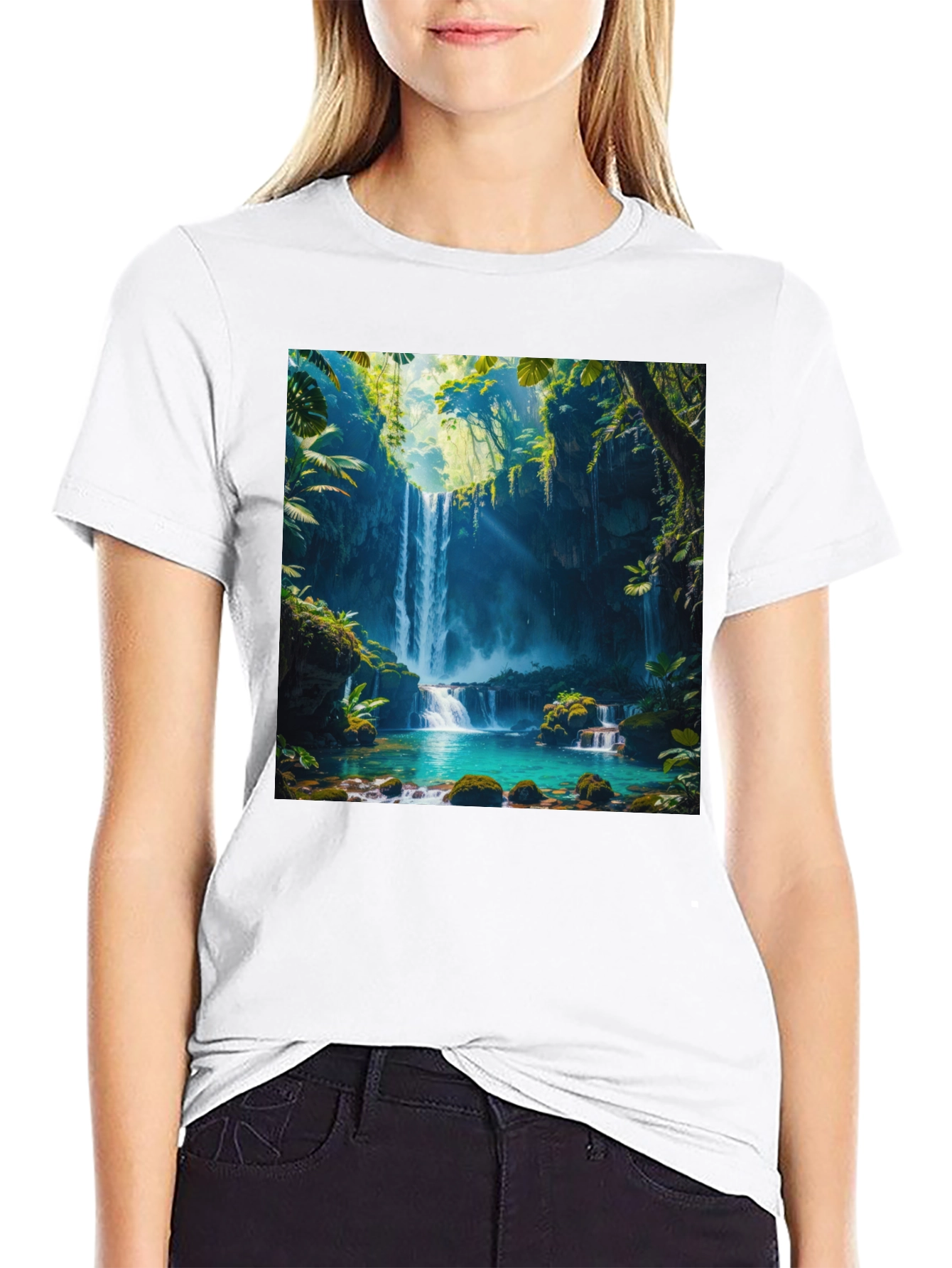 Tropical Waterfall Graphic Tee - Nature Lovers Black T-Shirt