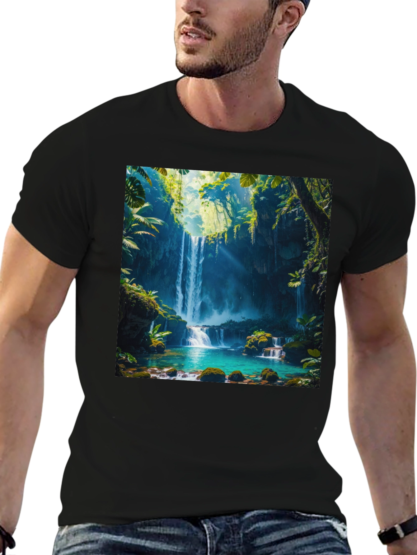 Tropical Waterfall Graphic Tee - Nature Lovers Black T-Shirt