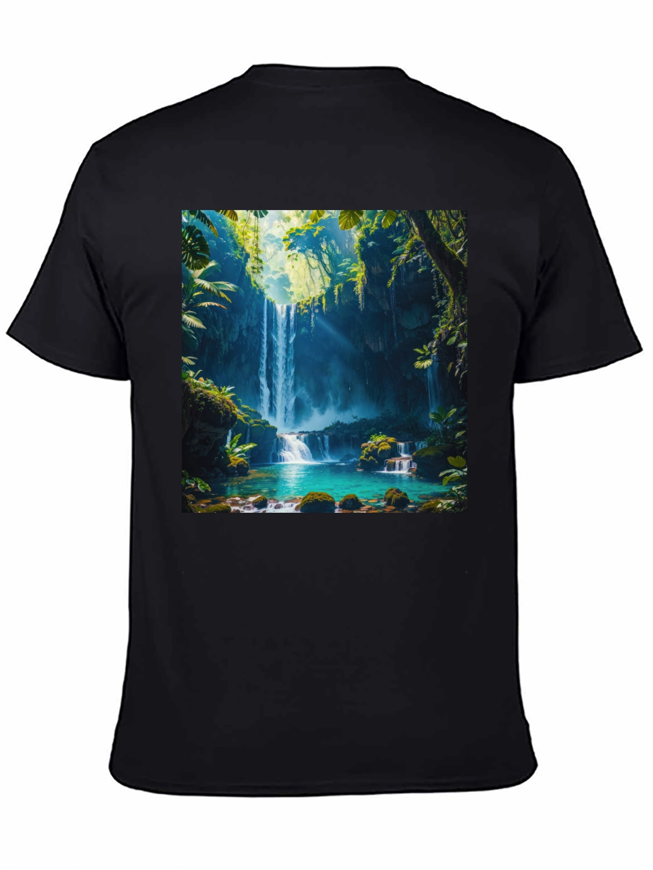 Tropical Waterfall Graphic Tee - Nature Lovers Black T-Shirt