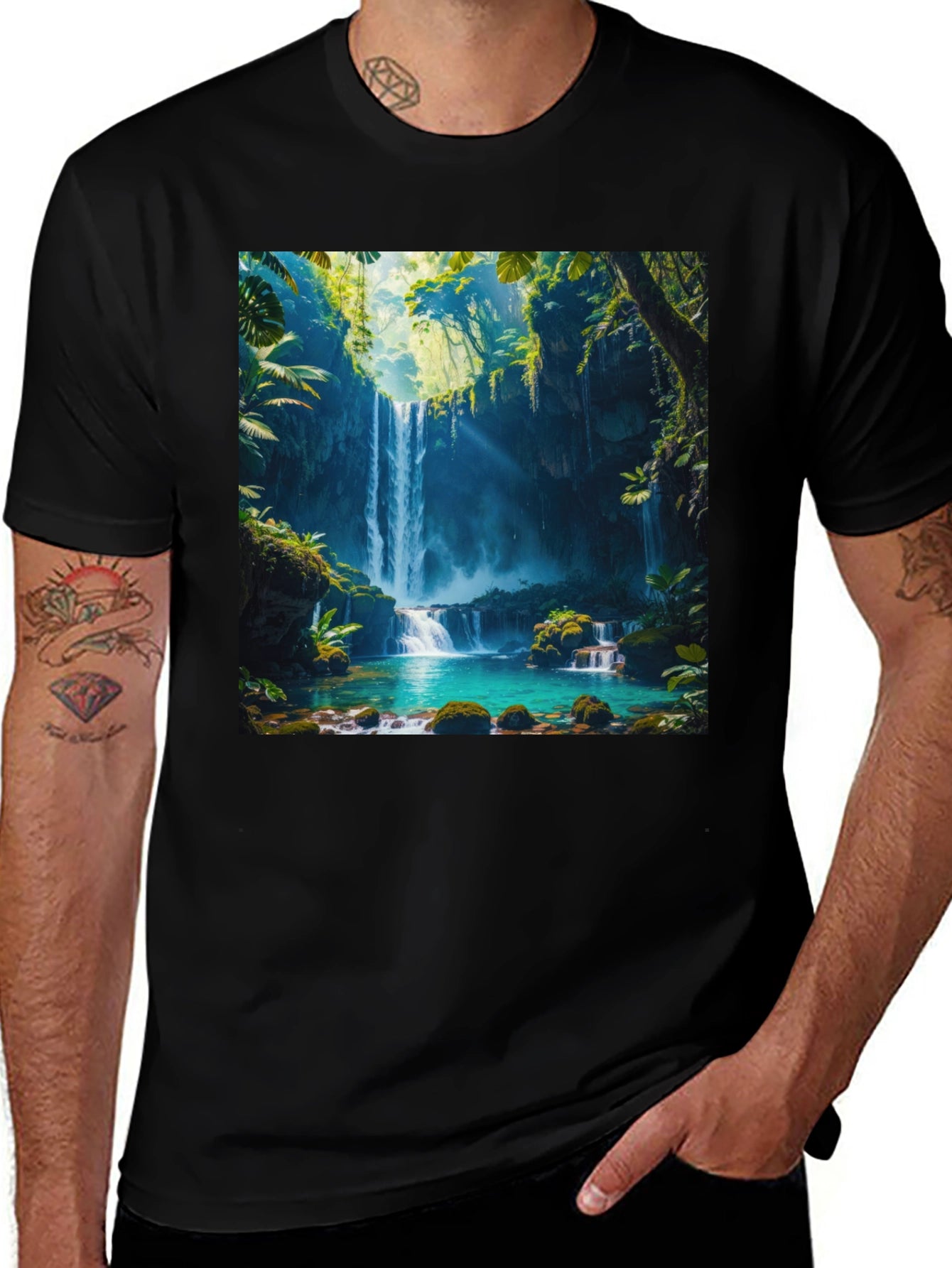 Tropical Waterfall Graphic Tee - Nature Lovers Black T-Shirt