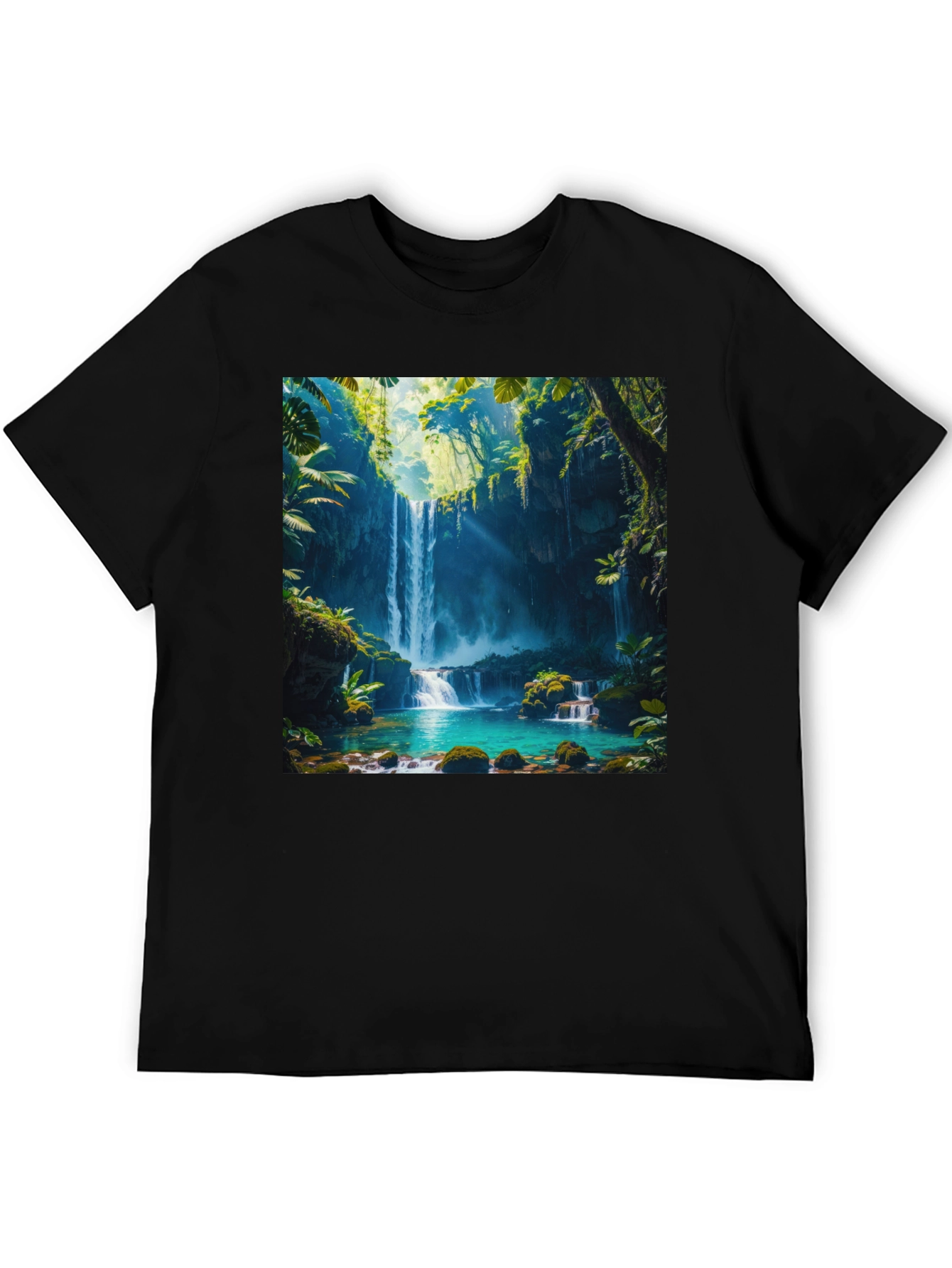 Tropical Waterfall Graphic Tee - Nature Lovers Black T-Shirt
