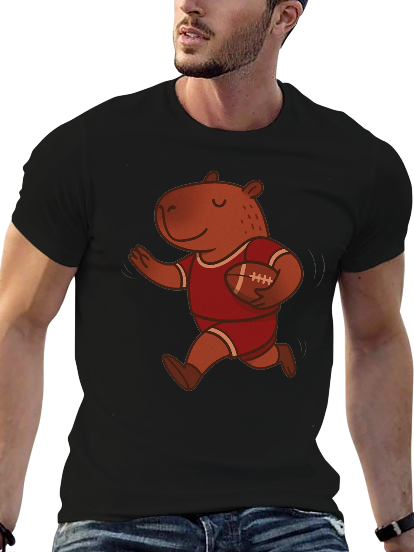 Capybara Football Player Graphic Tee - Novelty Cartoon T-Shirt