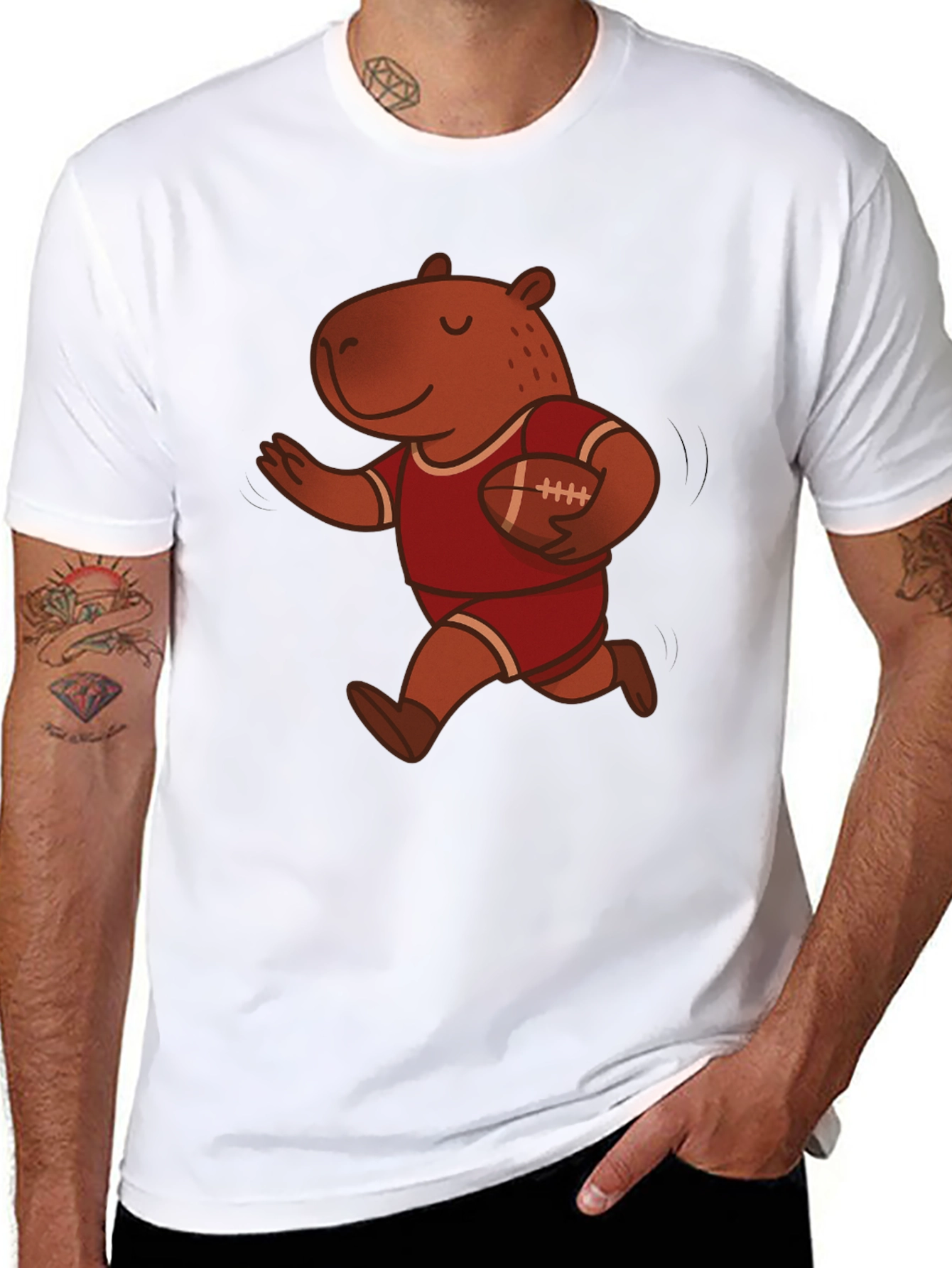 Capybara Football Player Graphic Tee - Novelty Cartoon T-Shirt