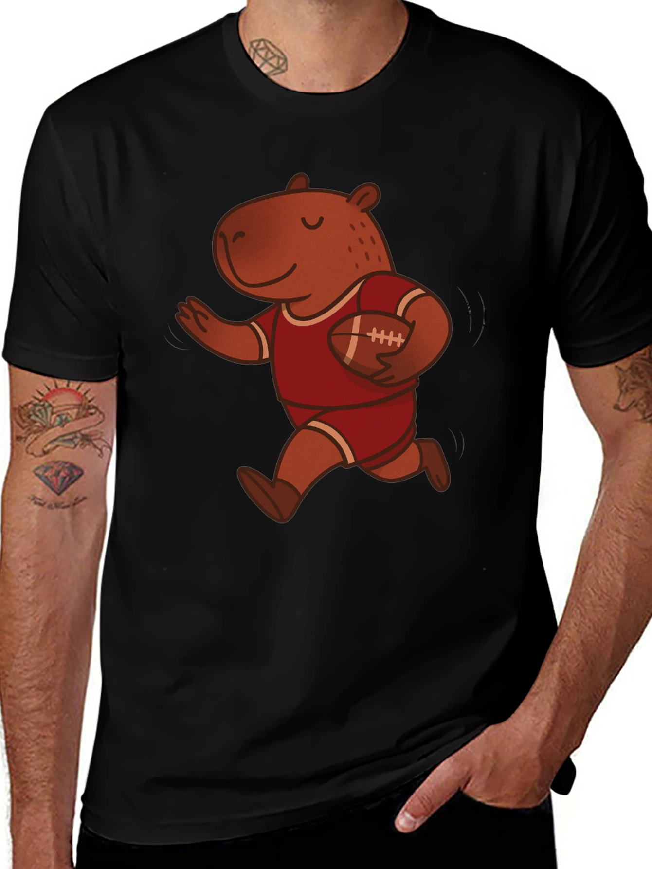 Capybara Football Player Graphic Tee - Novelty Cartoon T-Shirt