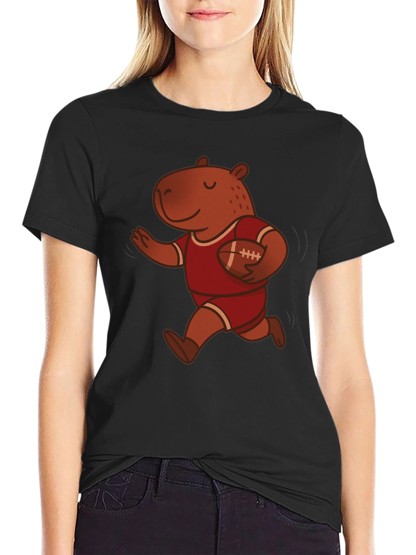 Capybara Football Player Graphic Tee - Novelty Cartoon T-Shirt