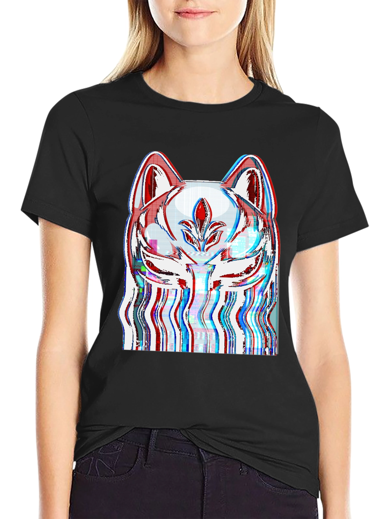 Glitch Fox Mask Graphic Tee - Black