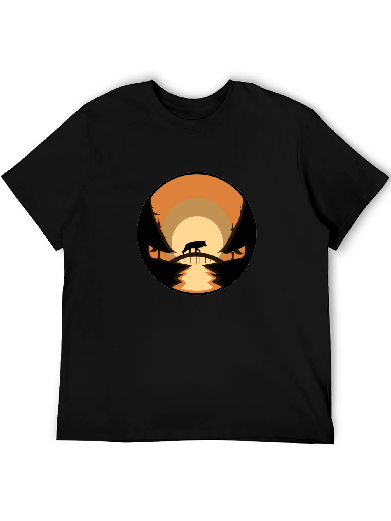 Mens Black T-Shirt with Wolf Landscape Design