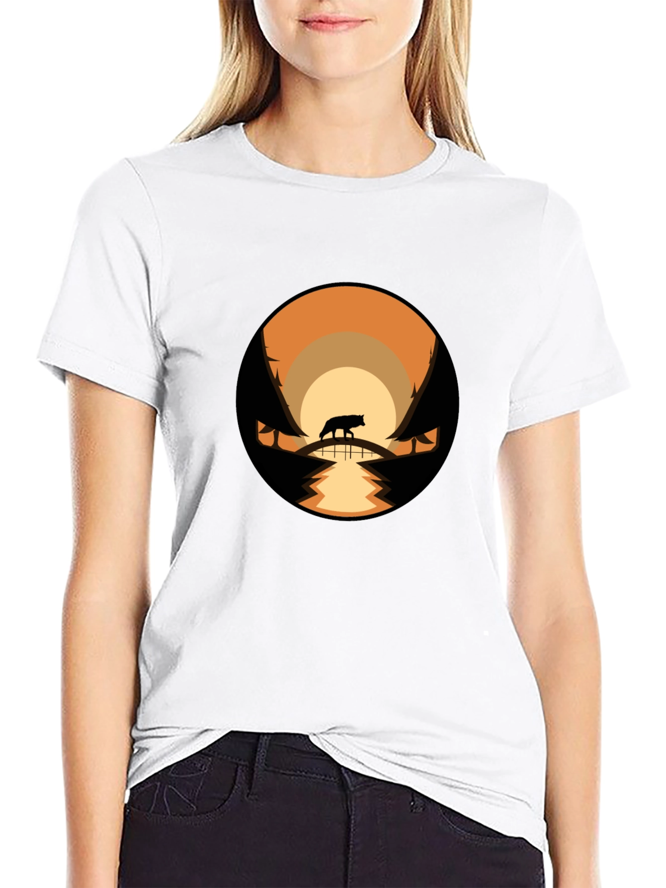 Mens Black T-Shirt with Wolf Landscape Design