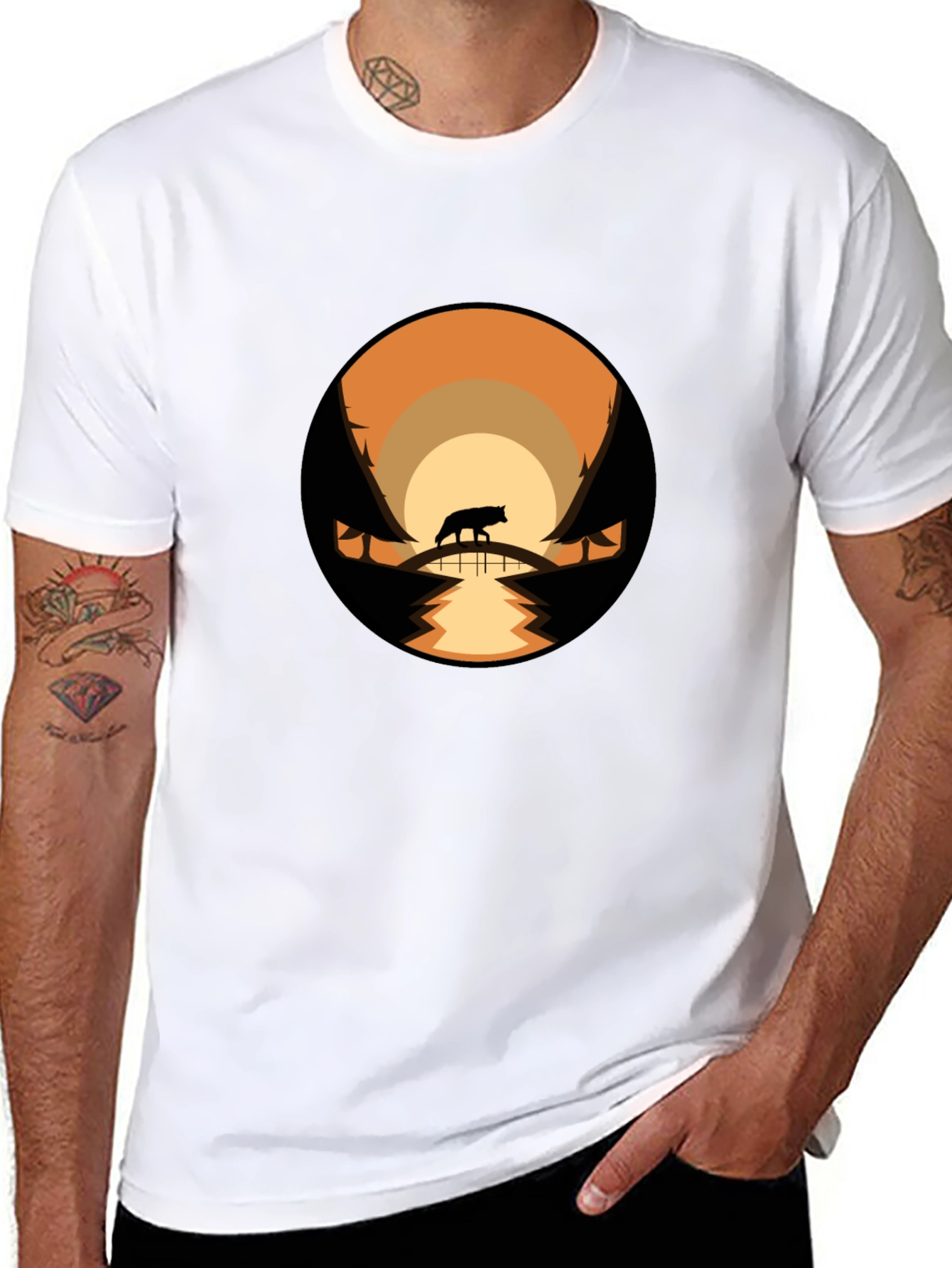 Mens Black T-Shirt with Wolf Landscape Design