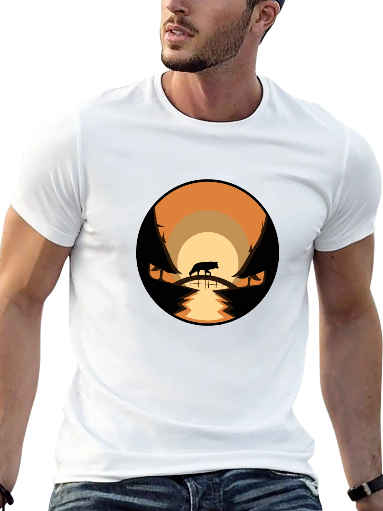 Mens Black T-Shirt with Wolf Landscape Design