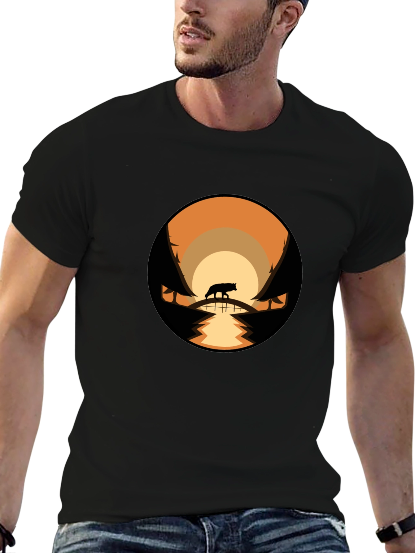 Mens Black T-Shirt with Wolf Landscape Design