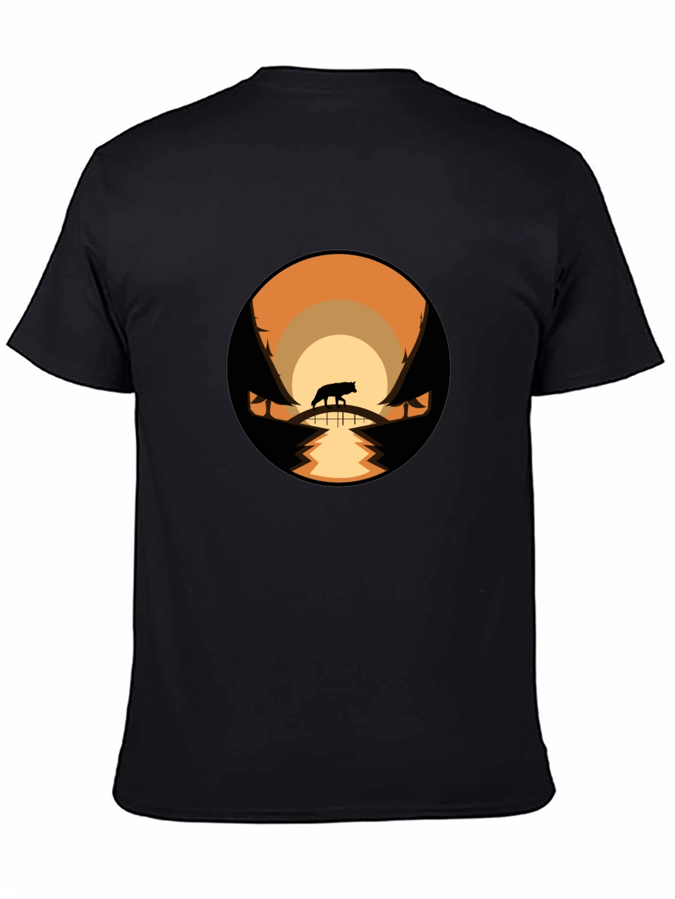 Mens Black T-Shirt with Wolf Landscape Design