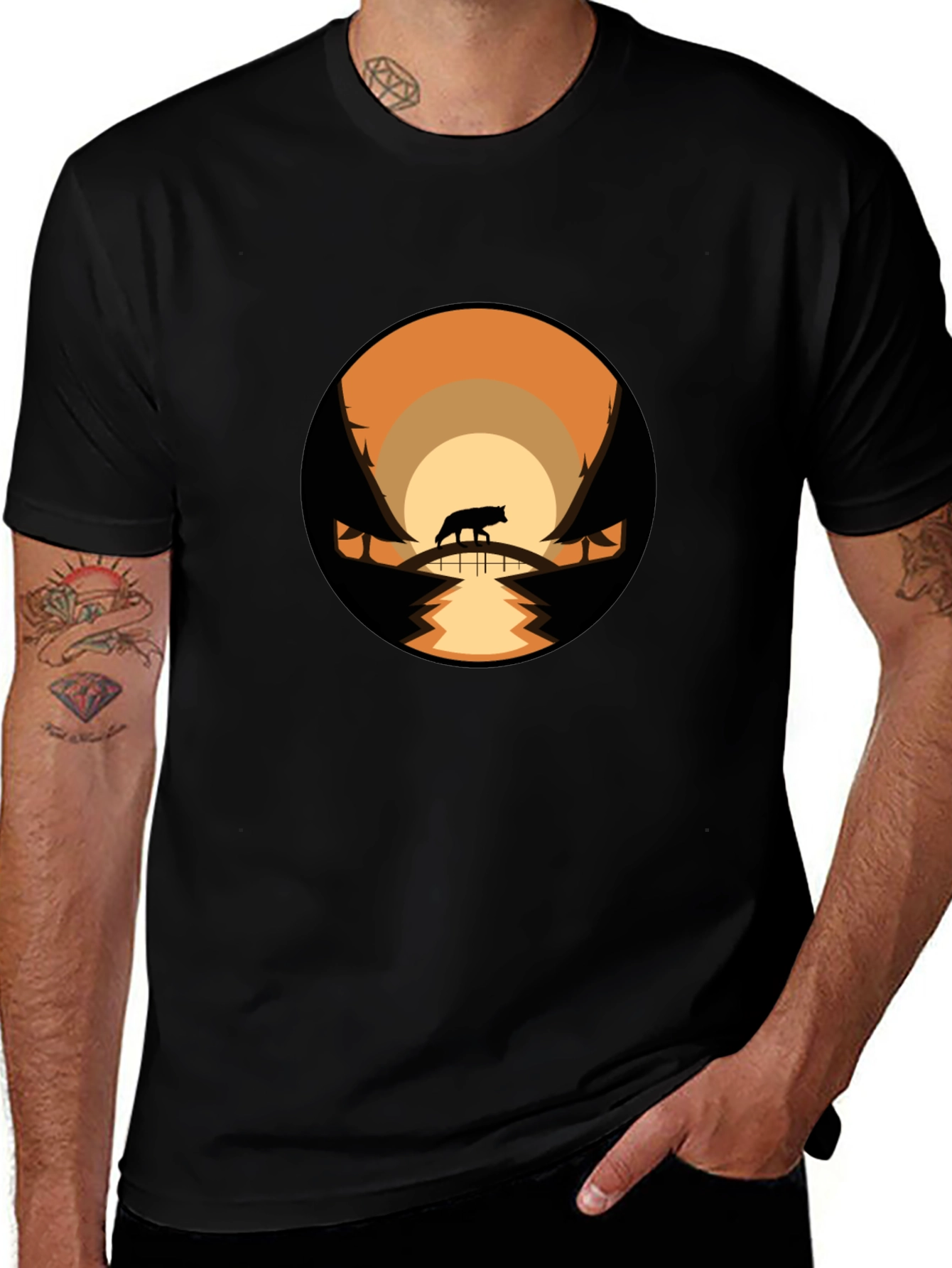 Mens Black T-Shirt with Wolf Landscape Design