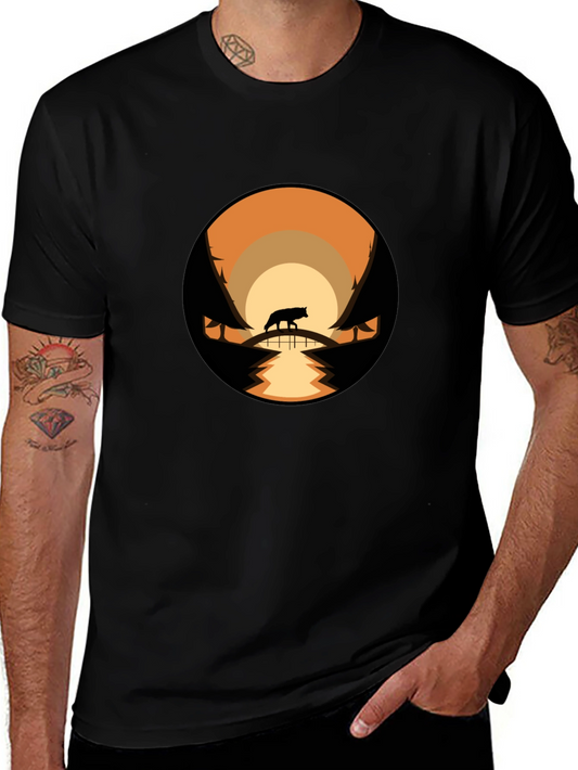 Mens Black T-Shirt with Wolf Landscape Design