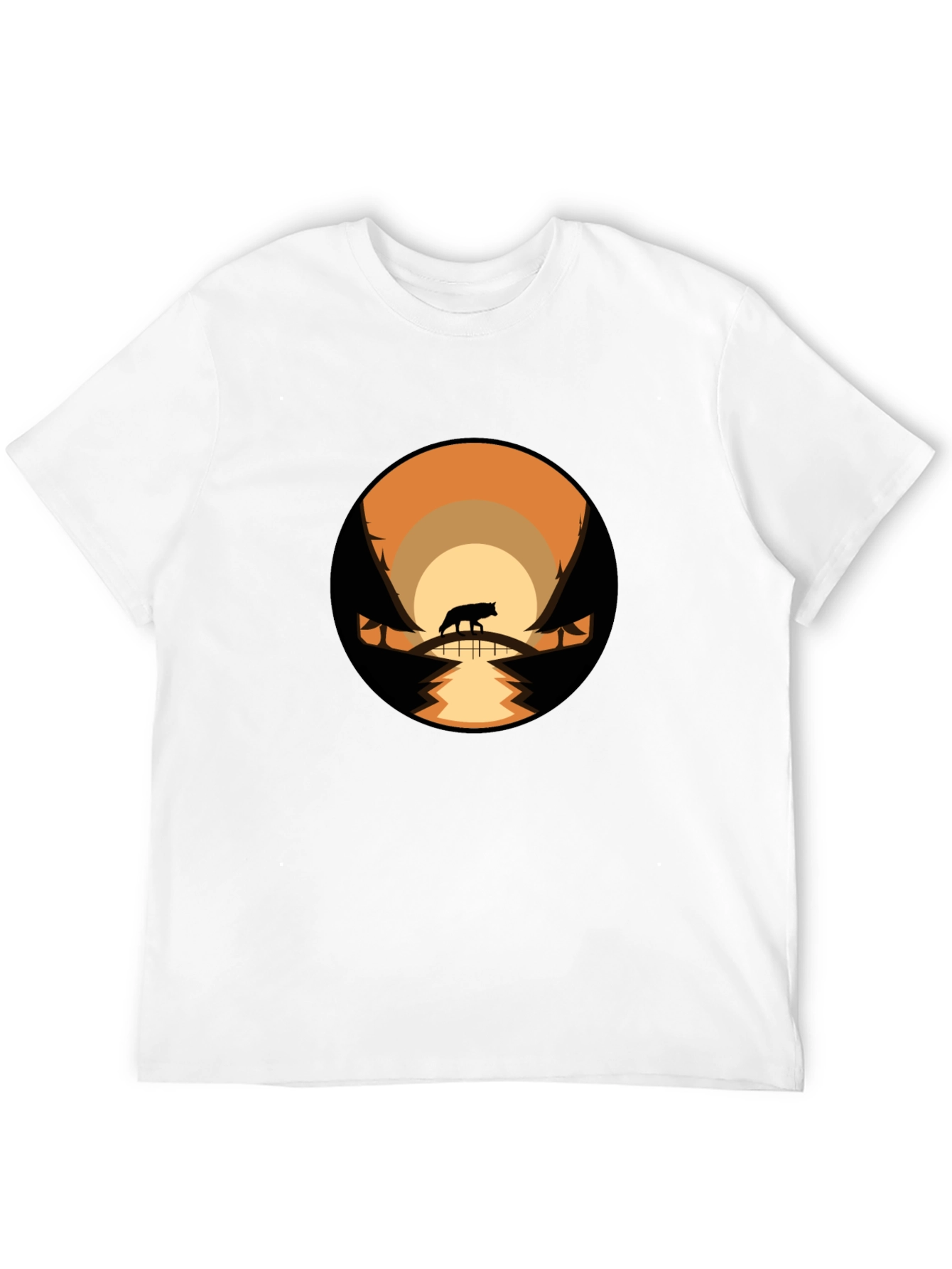 Mens Black T-Shirt with Wolf Landscape Design