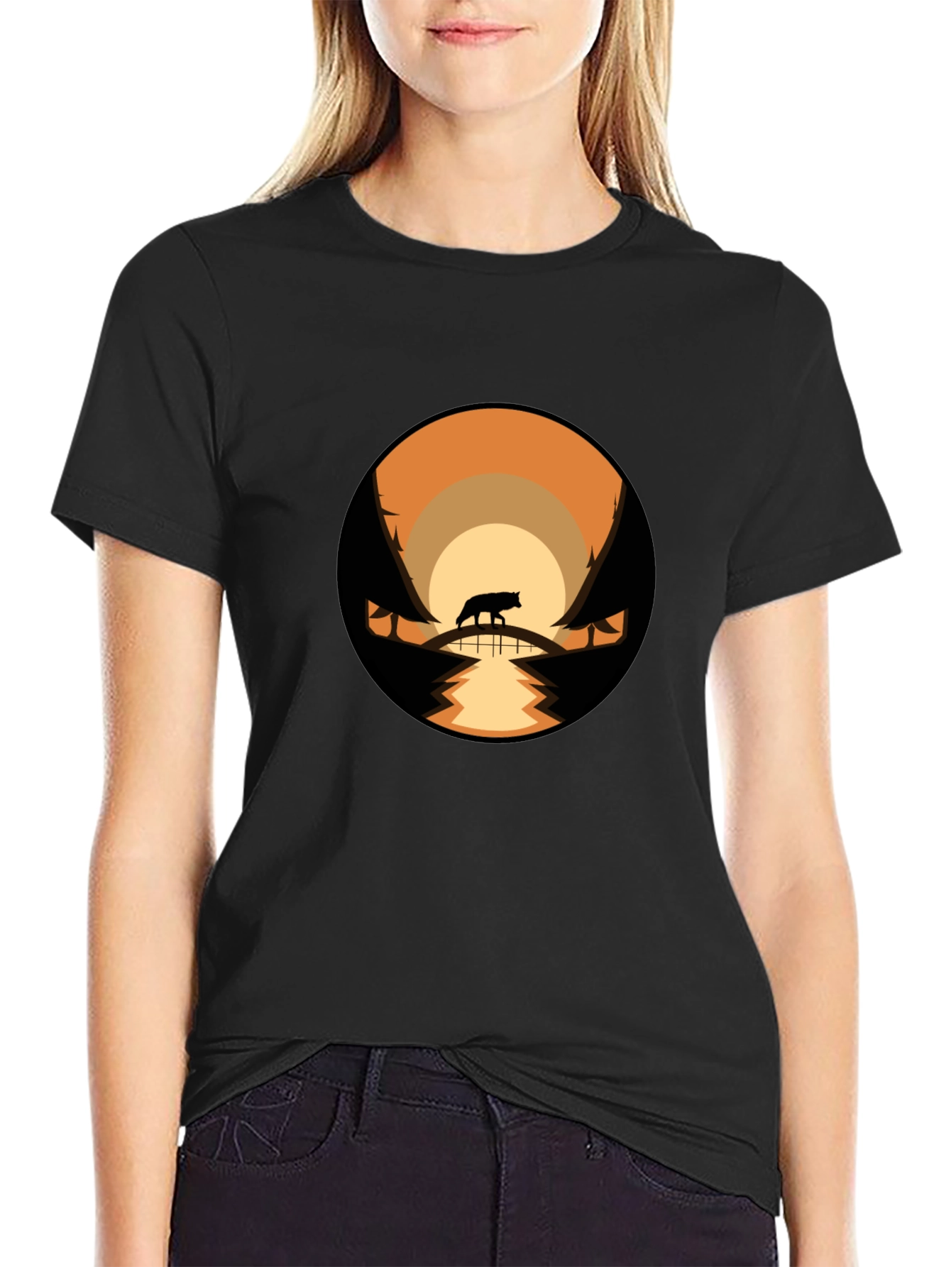 Mens Black T-Shirt with Wolf Landscape Design