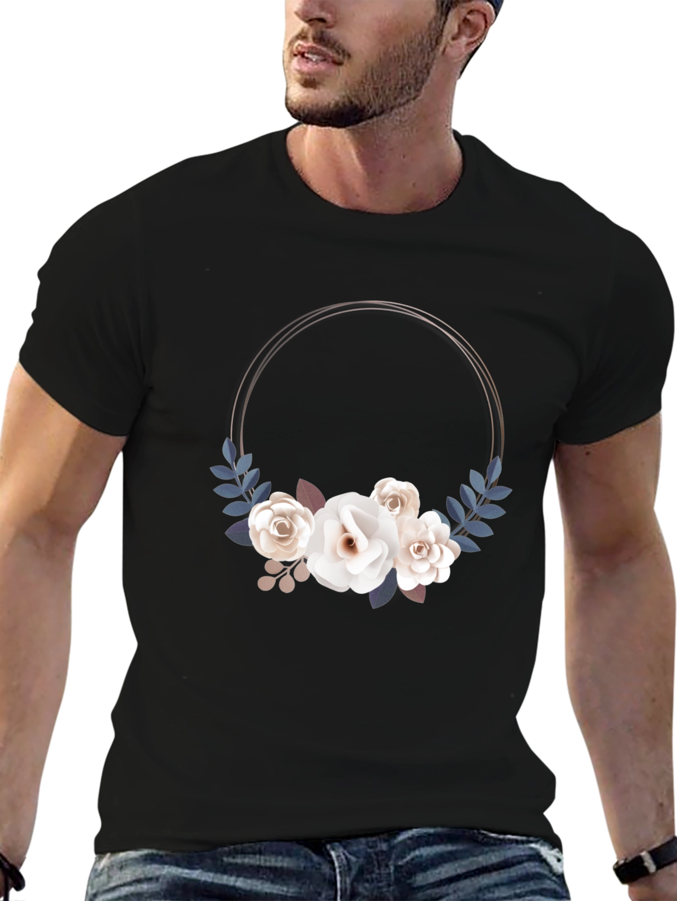Floral Wreath Graphic Black T-Shirt