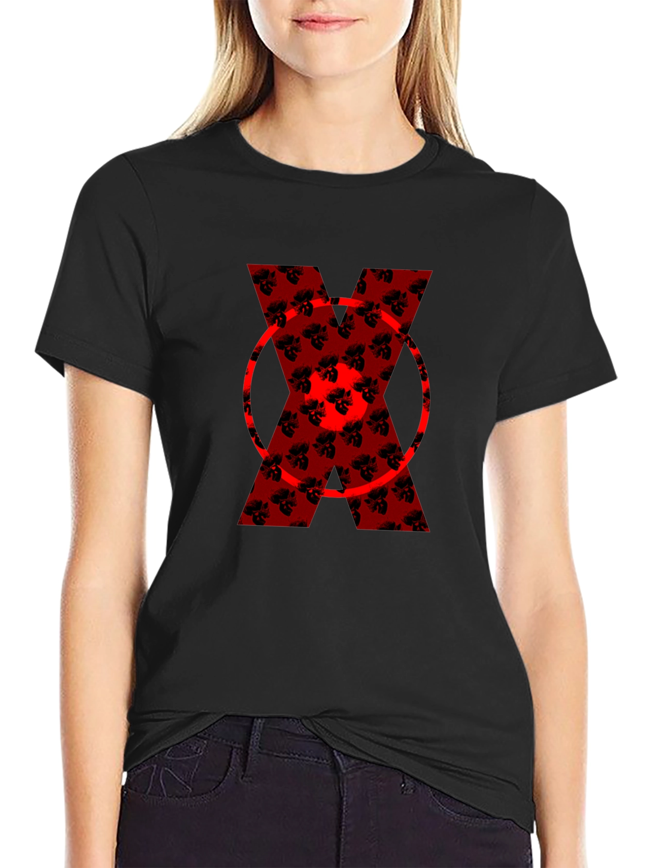 Bold Red Floral X Graphic Black T-Shirt