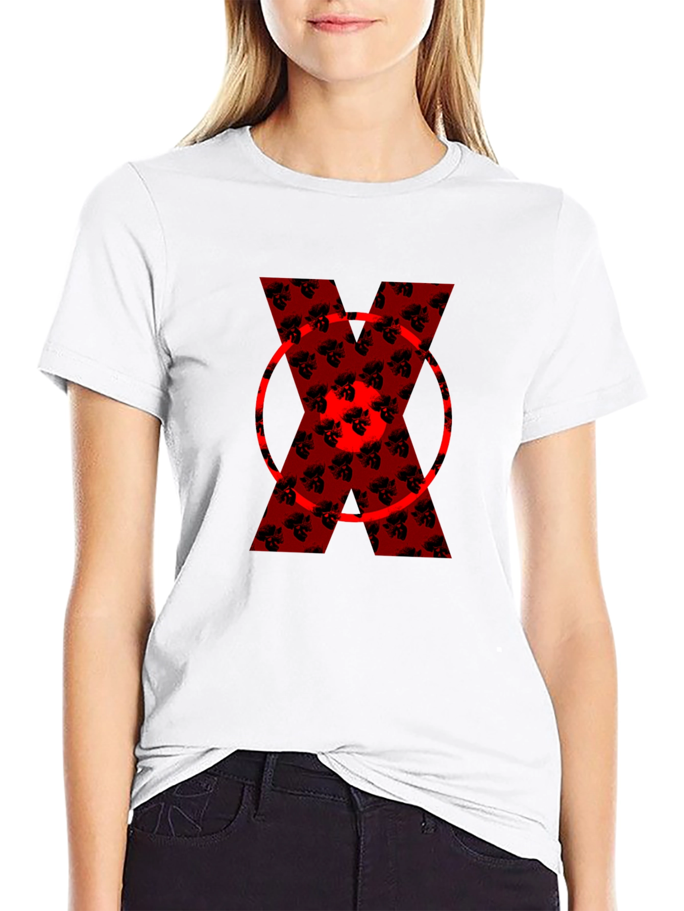 Bold Red Floral X Graphic Black T-Shirt