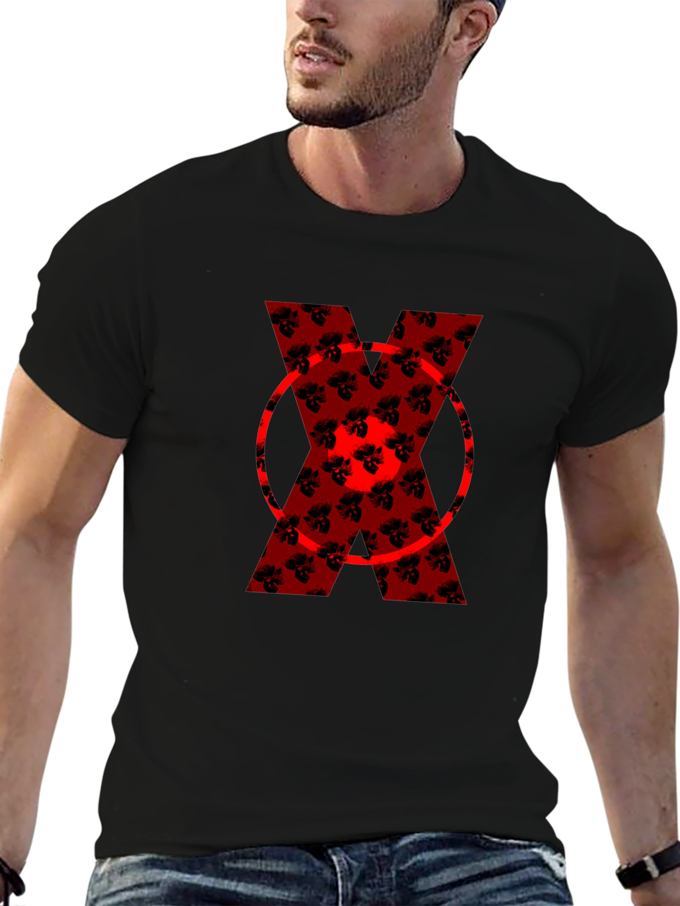 Bold Red Floral X Graphic Black T-Shirt