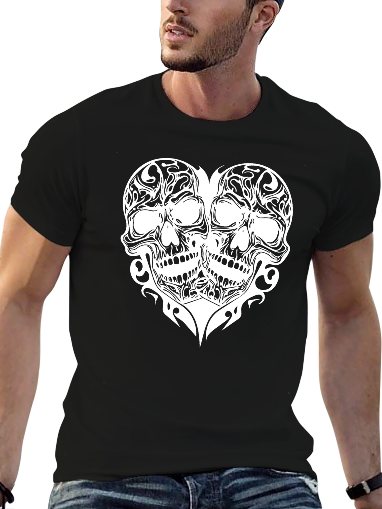 Skull Heart Graphic Print Black T-Shirt