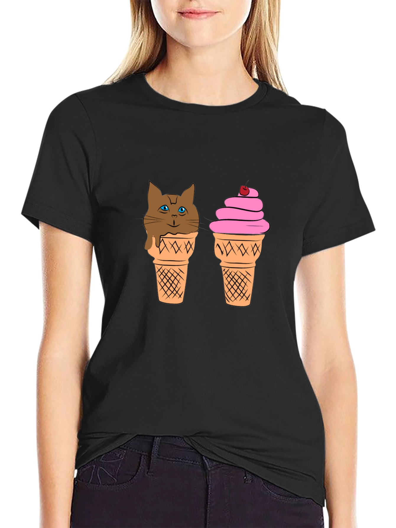 Ice Cream Cat Graphic Tee - Unisex Black T-Shirt