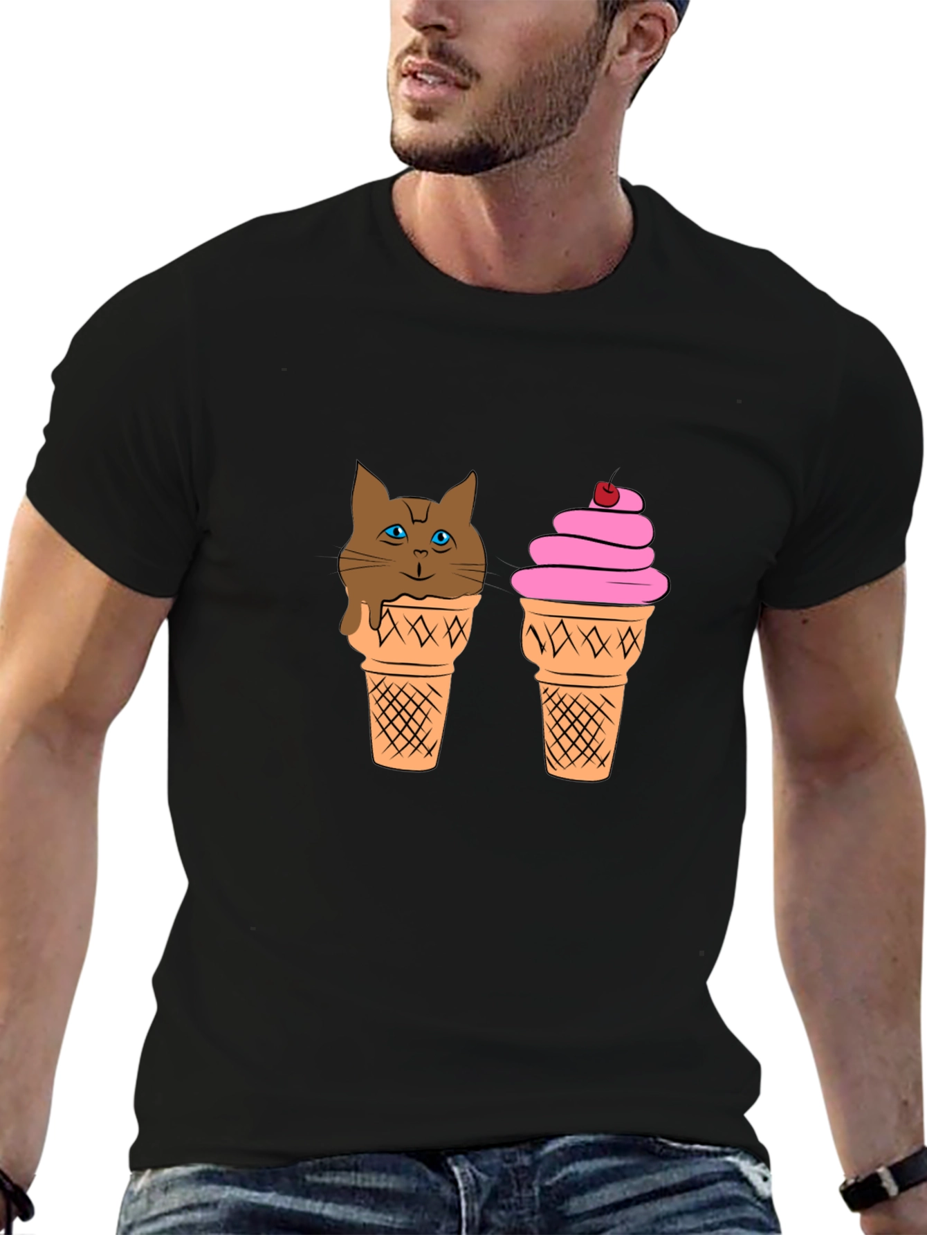 Ice Cream Cat Graphic Tee - Unisex Black T-Shirt