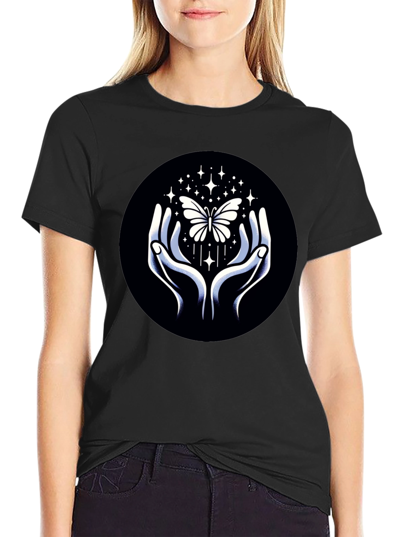 Butterfly Hands Graphic Tee - Stylish Black T-Shirt