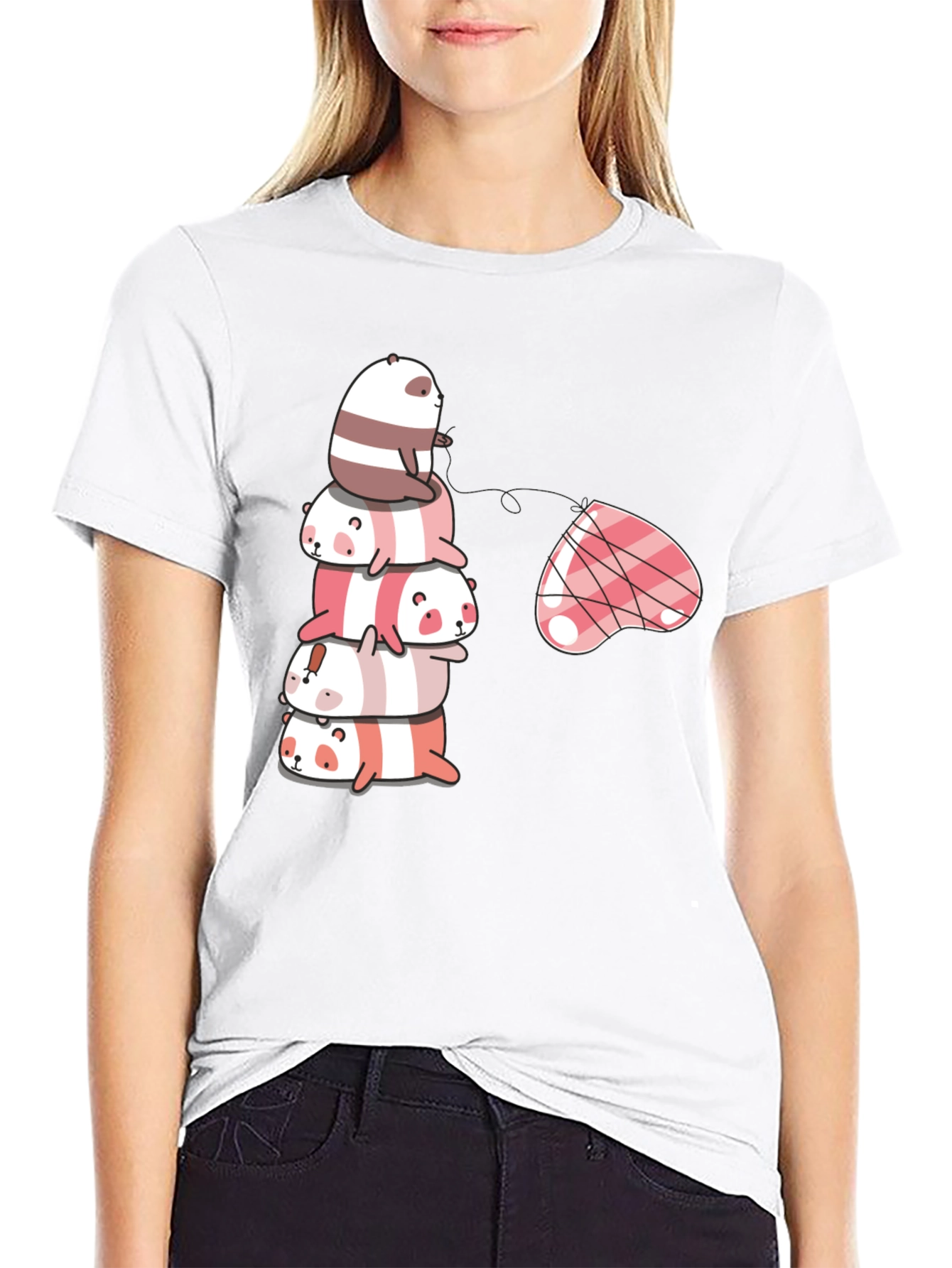 Stacked Panda & Heart Graphic Tee - Black