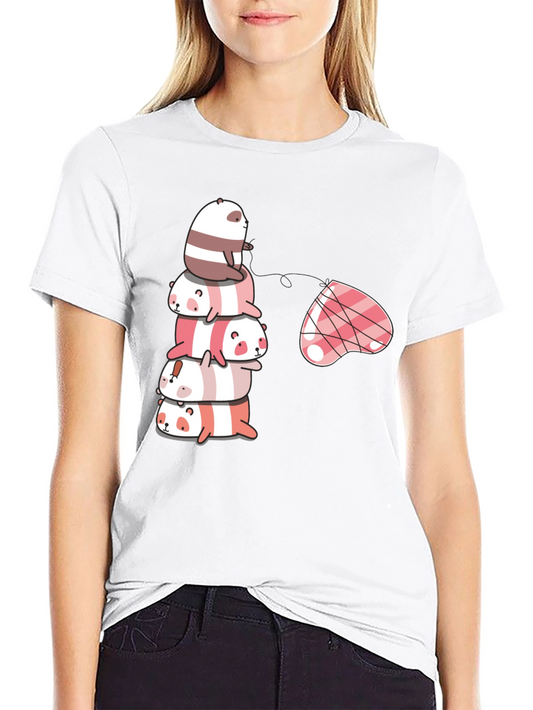 Stacked Panda & Heart Graphic Tee - Black