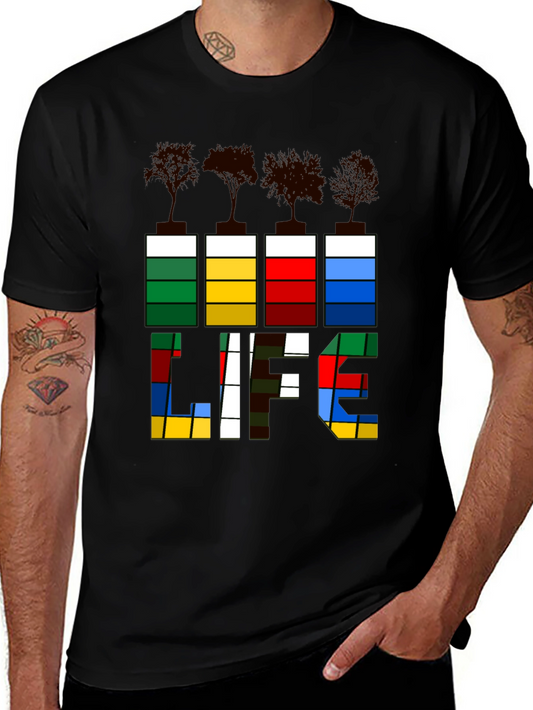 Abstract Color Block LIFE Graphic Tee - Black