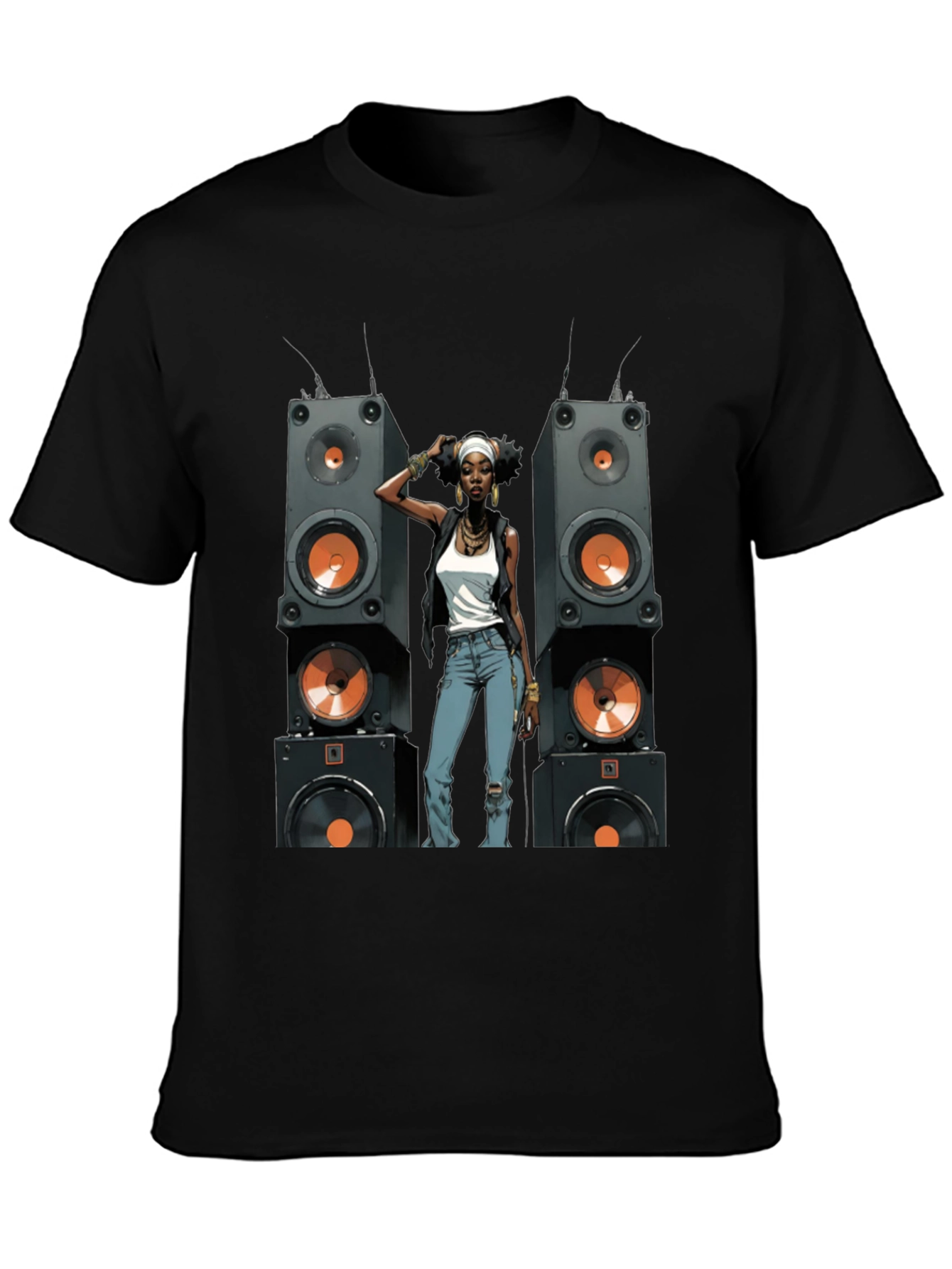 Black Graphic Tee: Woman & Speakers