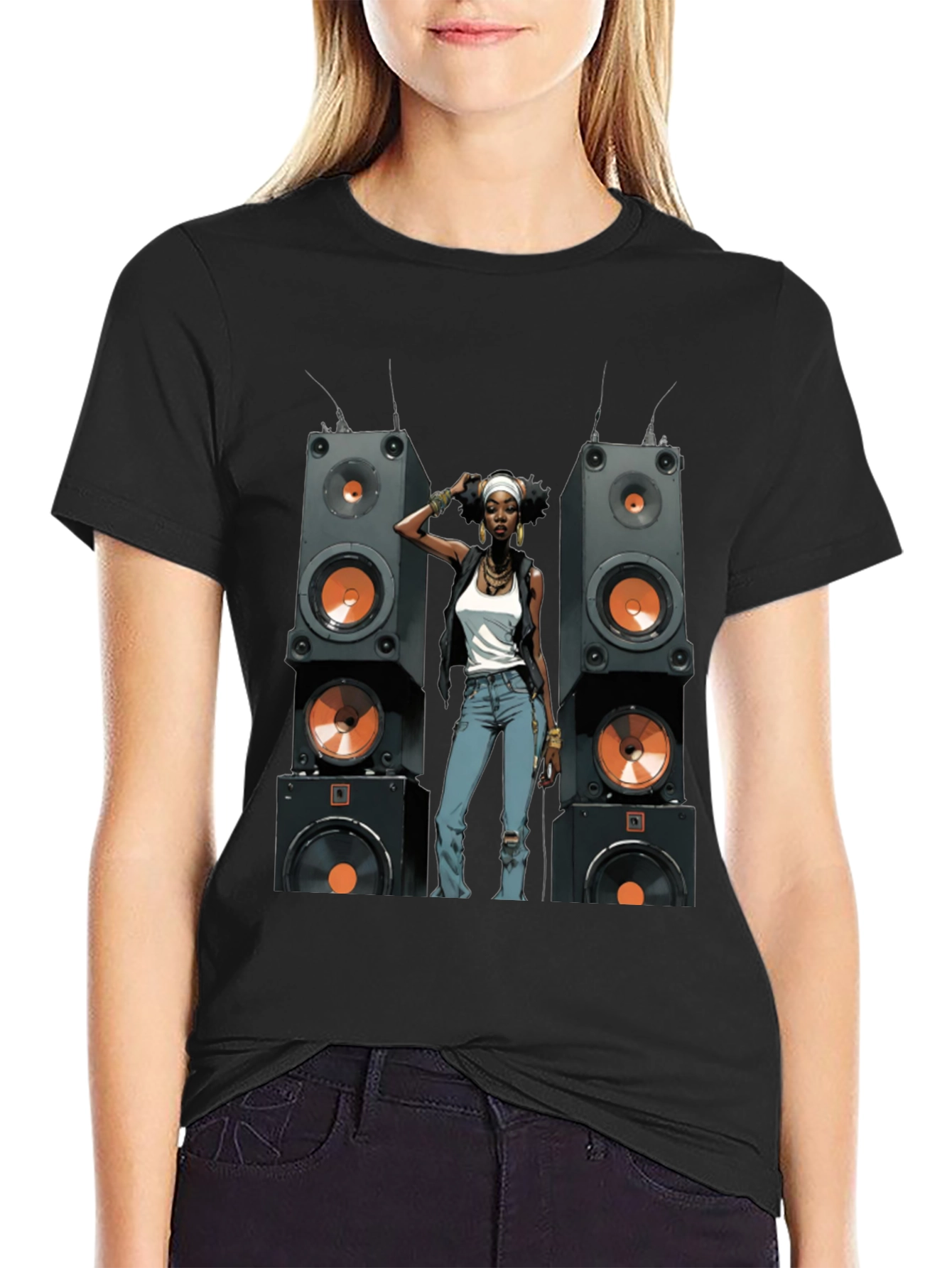 Black Graphic Tee: Woman & Speakers