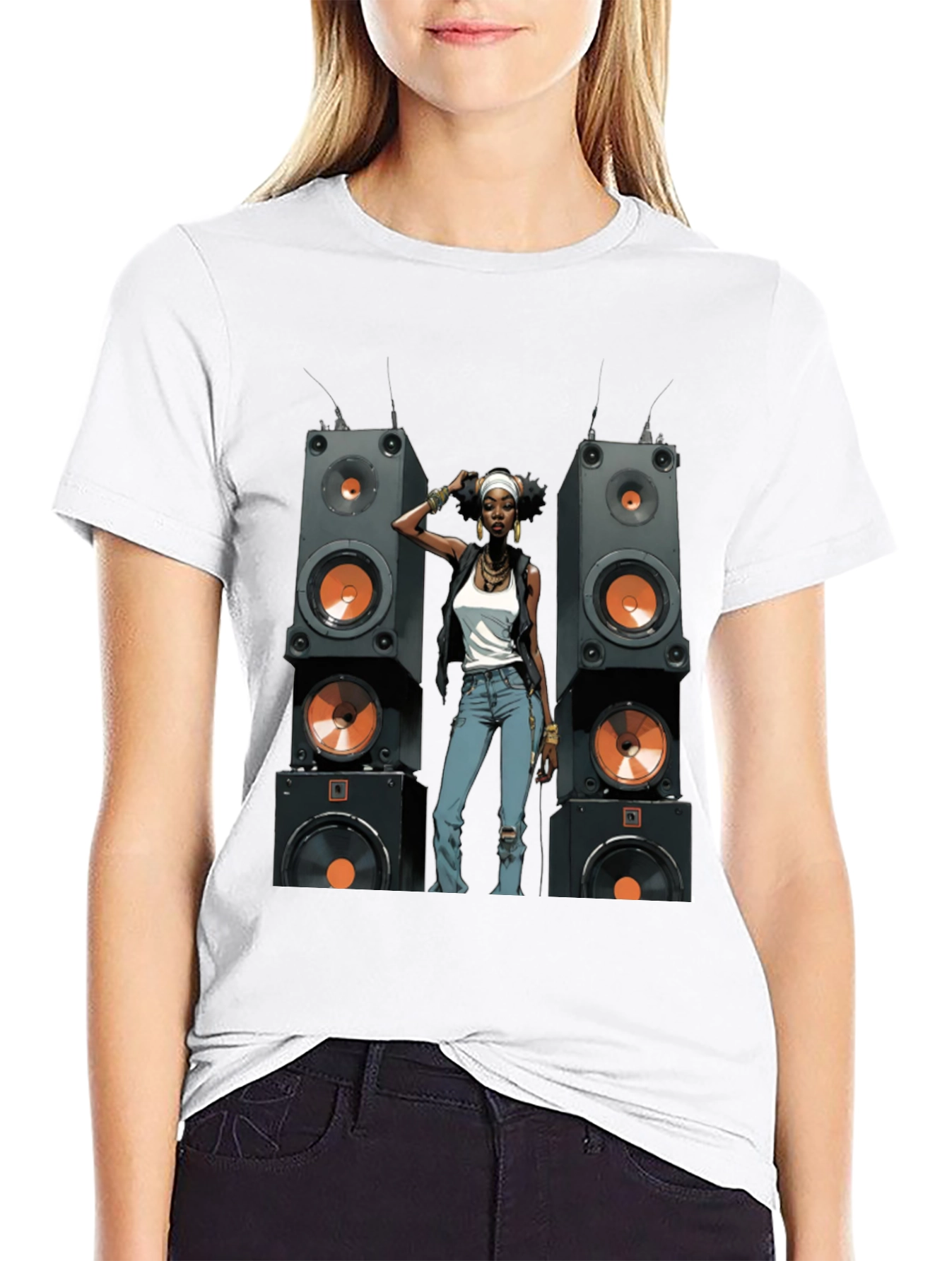 Black Graphic Tee: Woman & Speakers