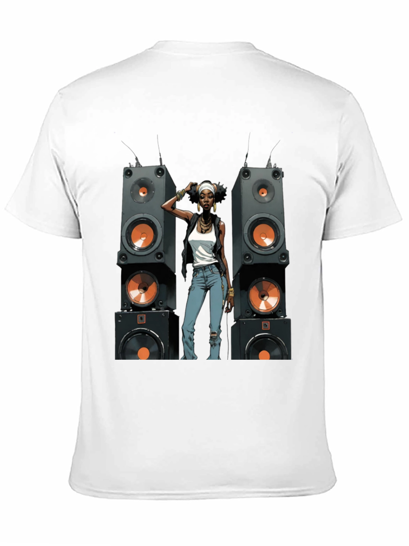 Black Graphic Tee: Woman & Speakers