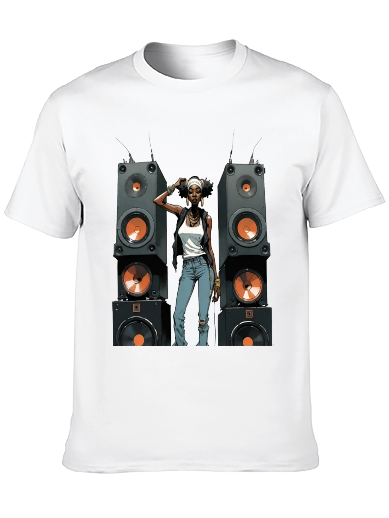 Black Graphic Tee: Woman & Speakers