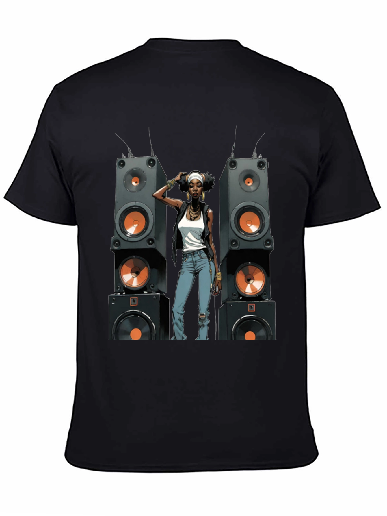 Black Graphic Tee: Woman & Speakers