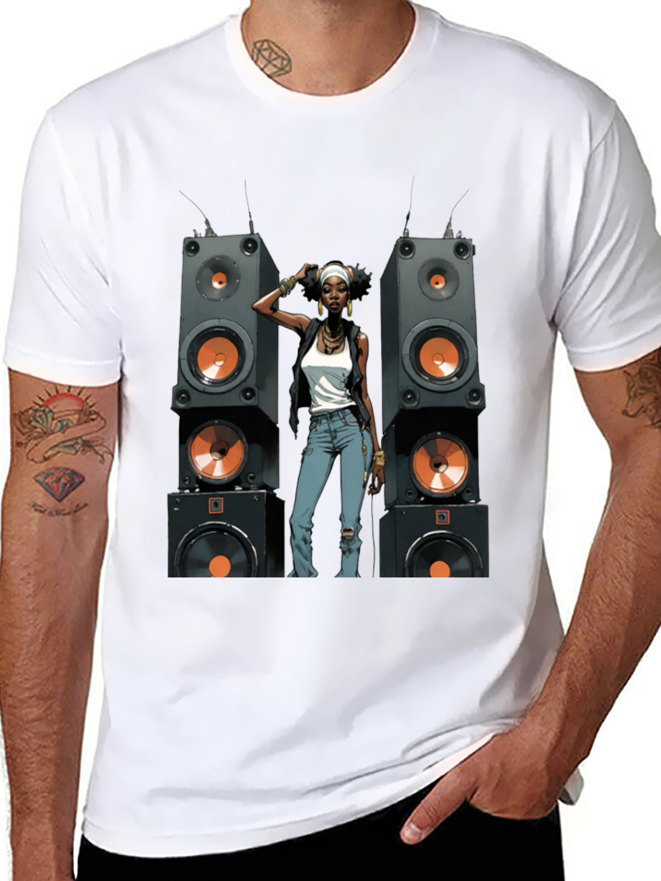 Black Graphic Tee: Woman & Speakers
