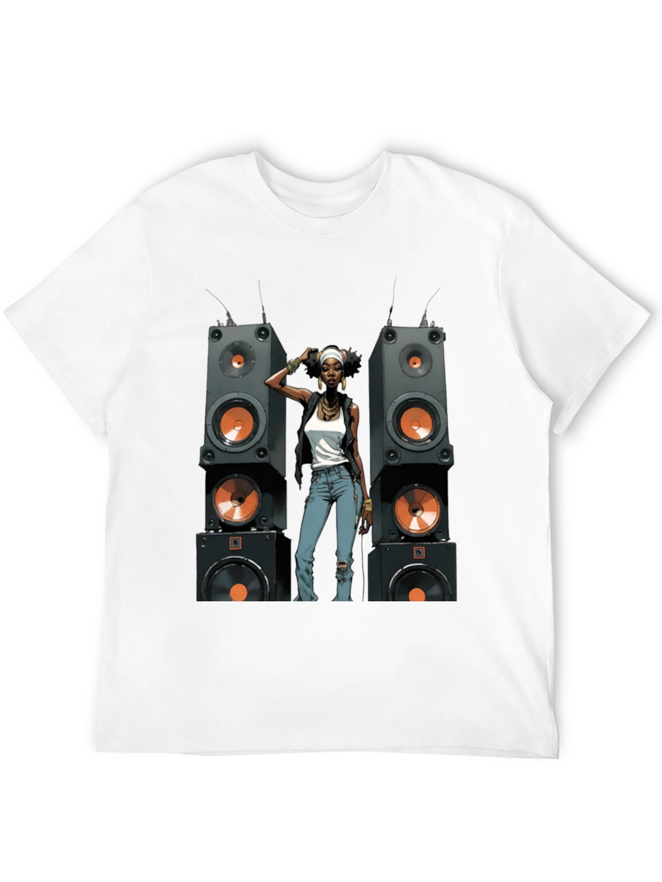 Black Graphic Tee: Woman & Speakers