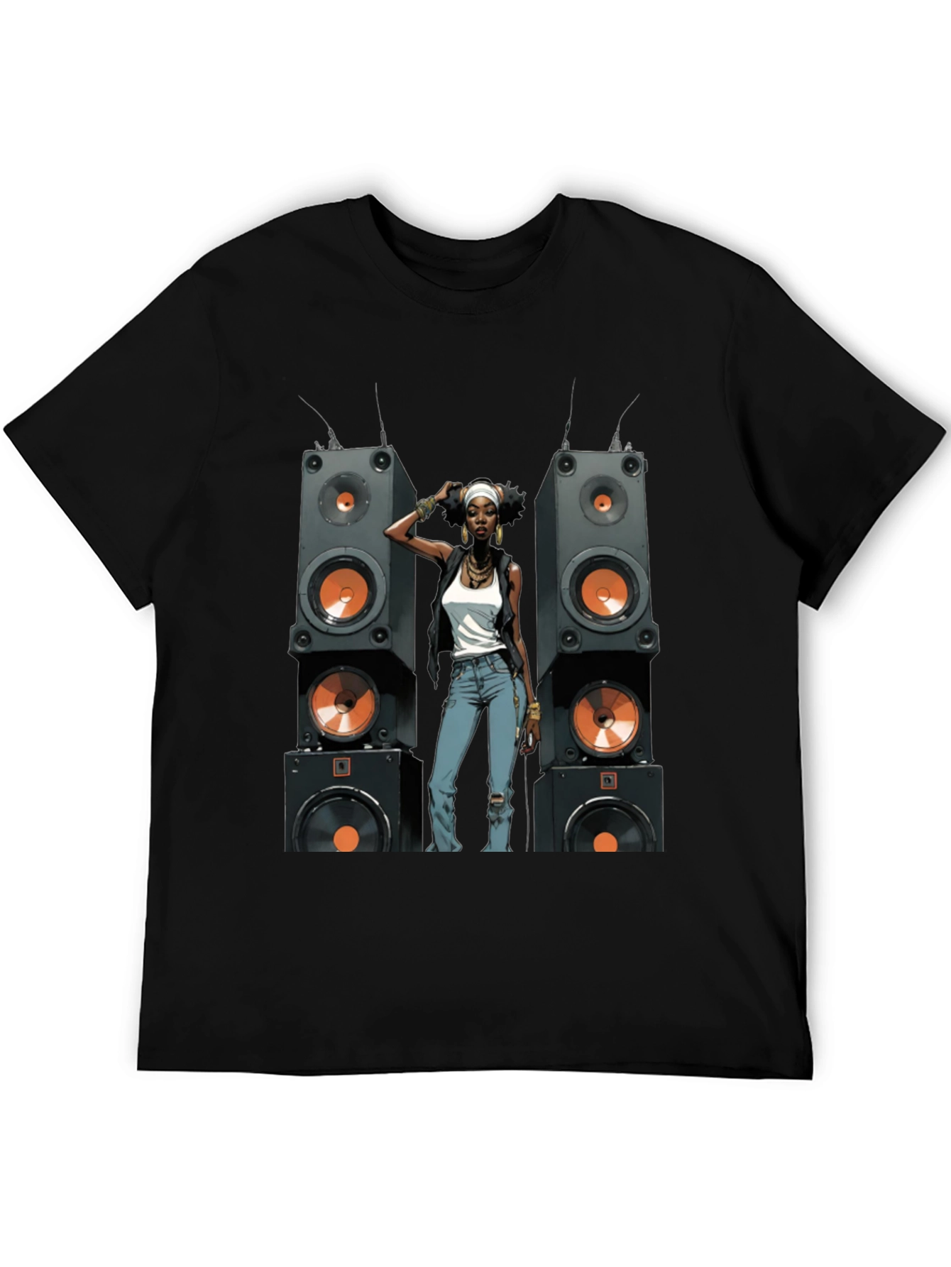 Black Graphic Tee: Woman & Speakers