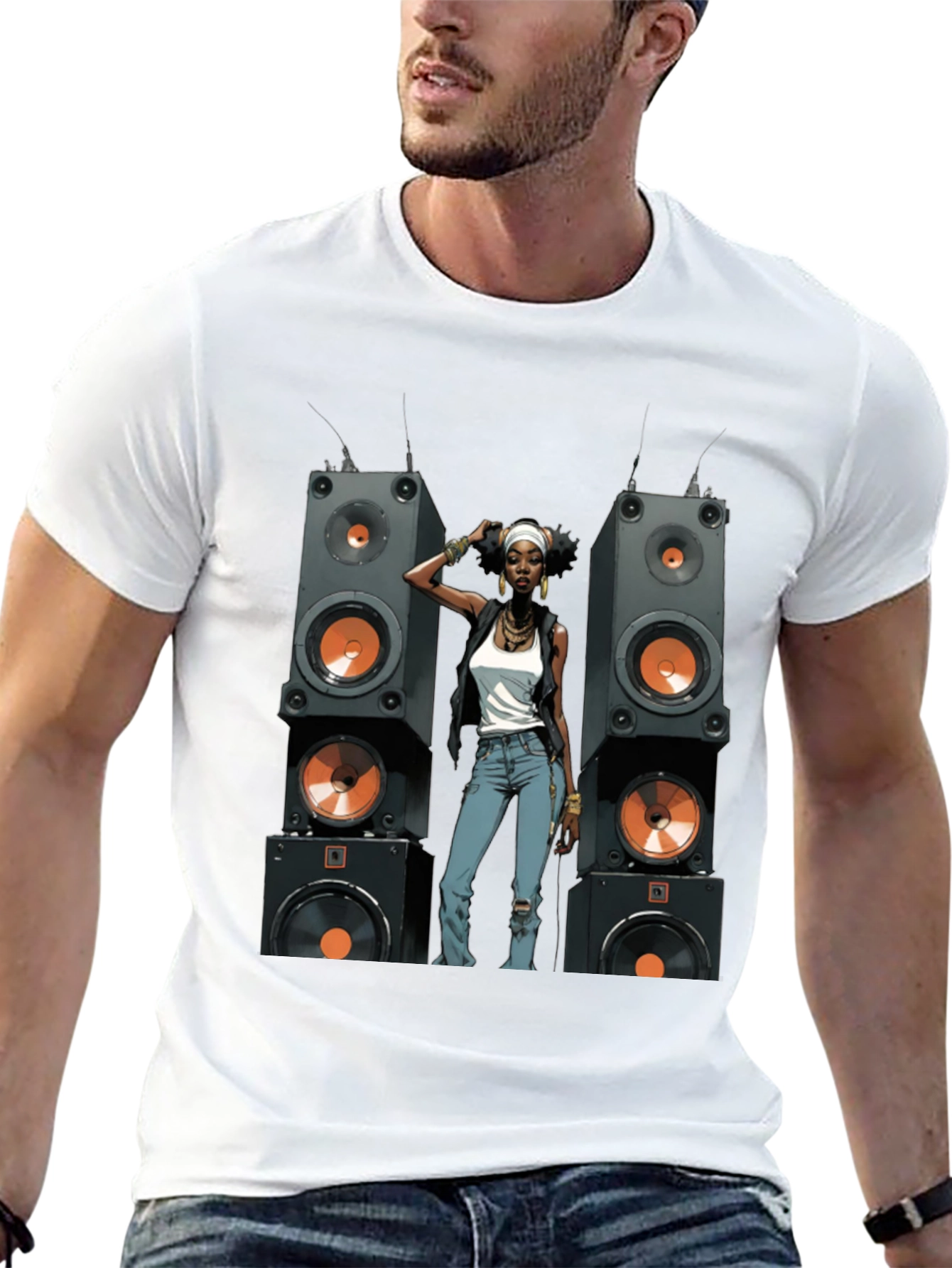 Black Graphic Tee: Woman & Speakers