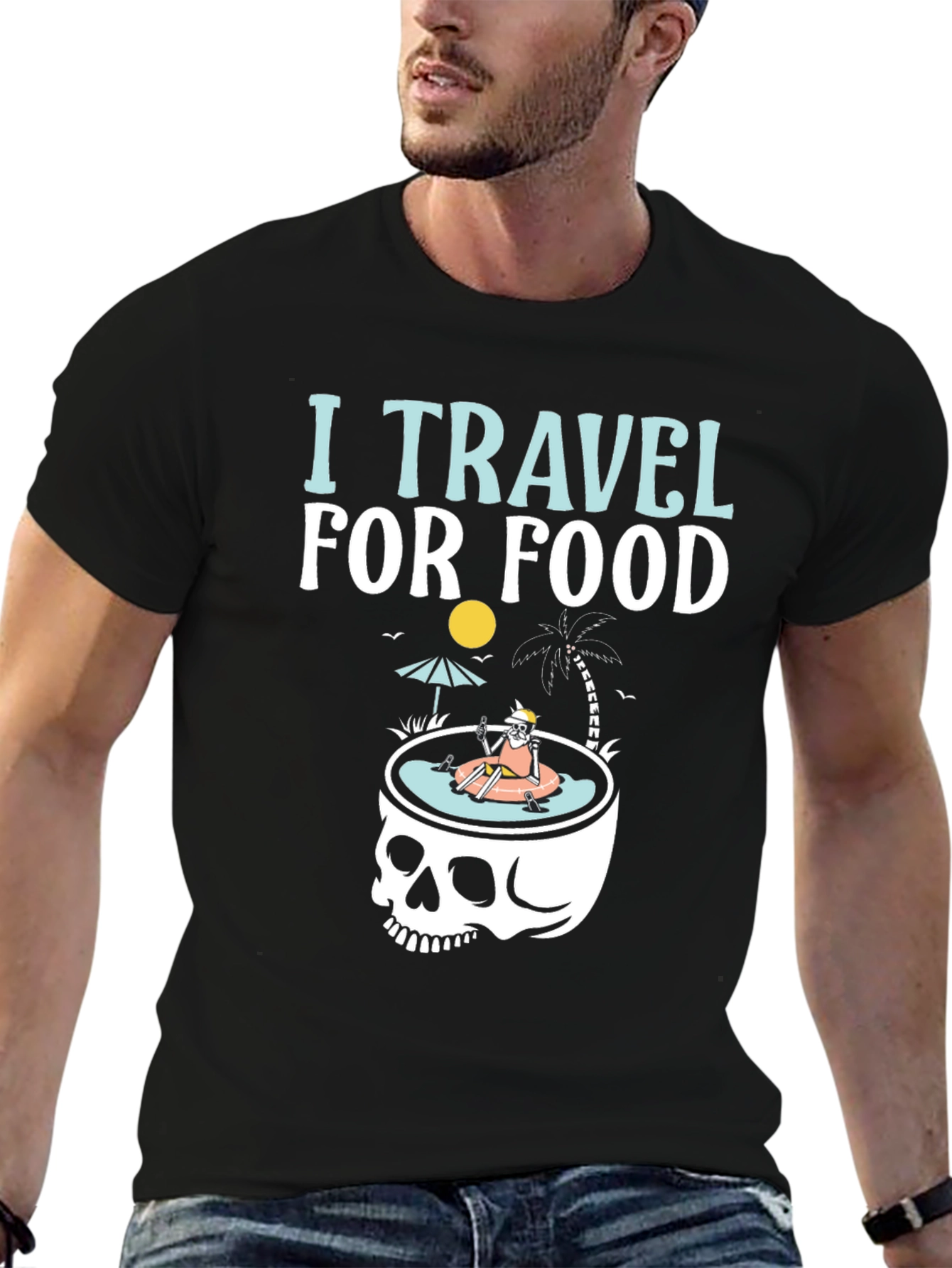 I Travel for Food T-Shirt Skull Summer Pool