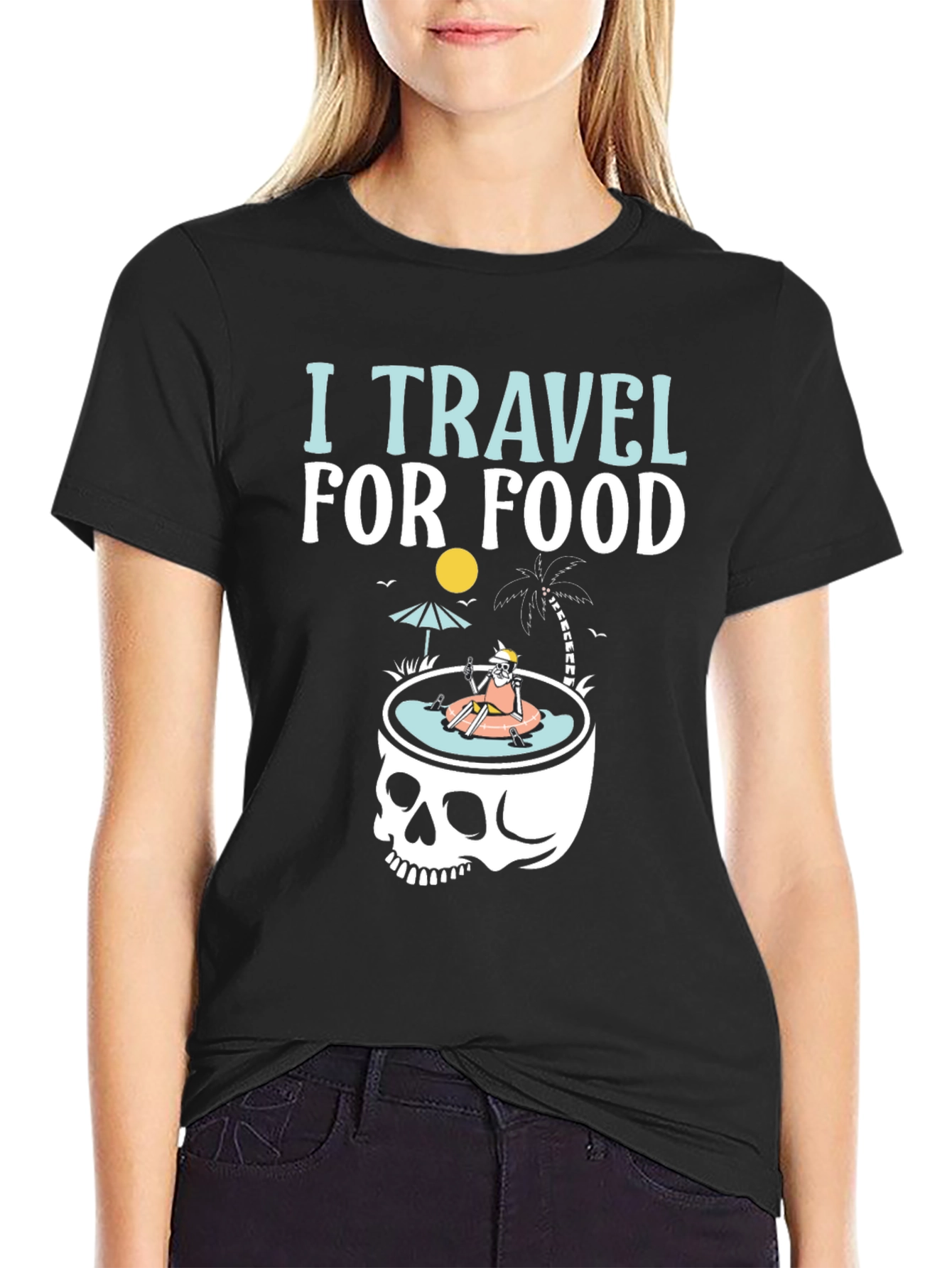 I Travel for Food T-Shirt Skull Summer Pool