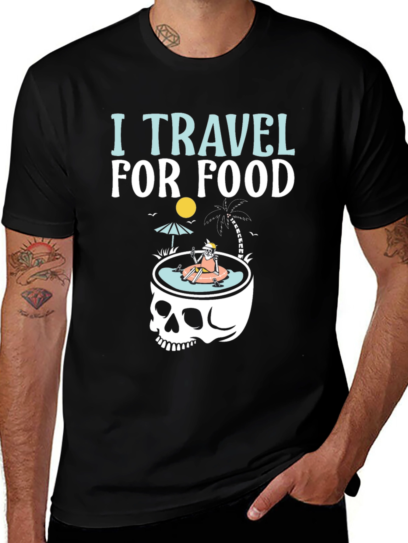 I Travel for Food T-Shirt Skull Summer Pool