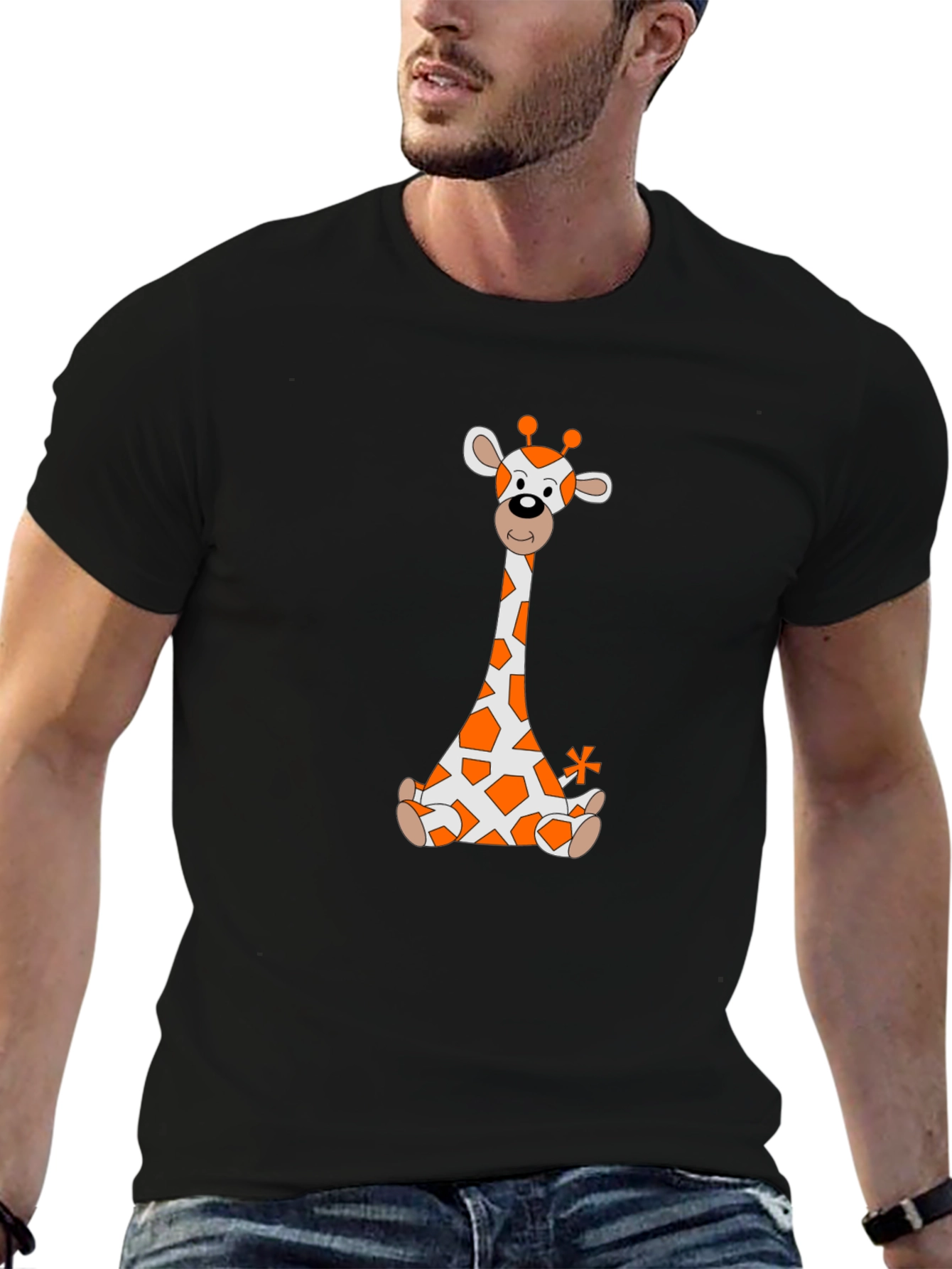Giraffe Cartoon T-Shirt - Black Cotton Tee