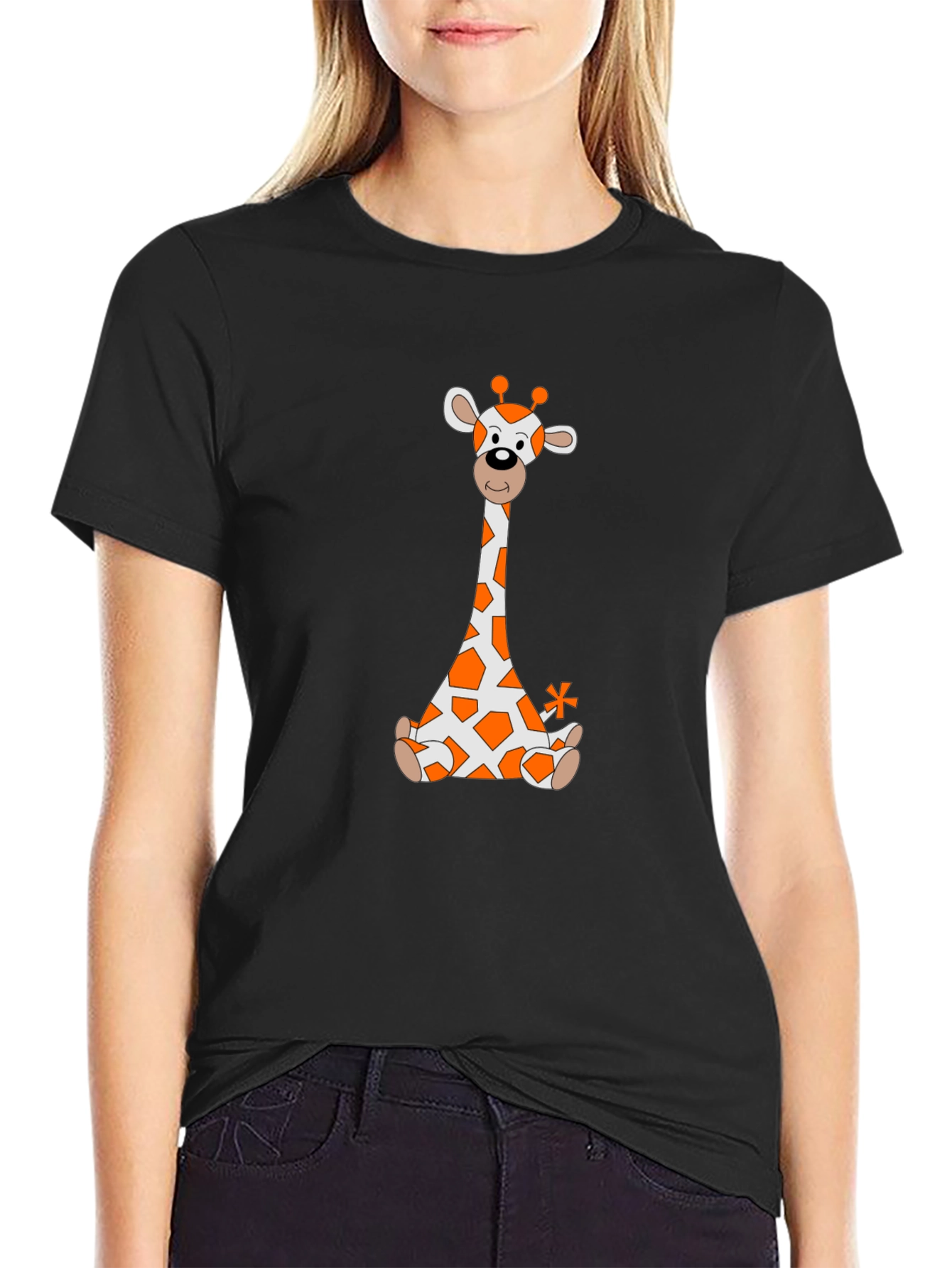 Giraffe Cartoon T-Shirt - Black Cotton Tee