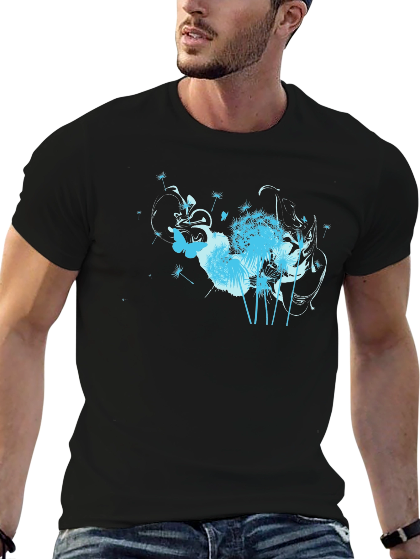 Black T-Shirt with Floral Butterfly Design